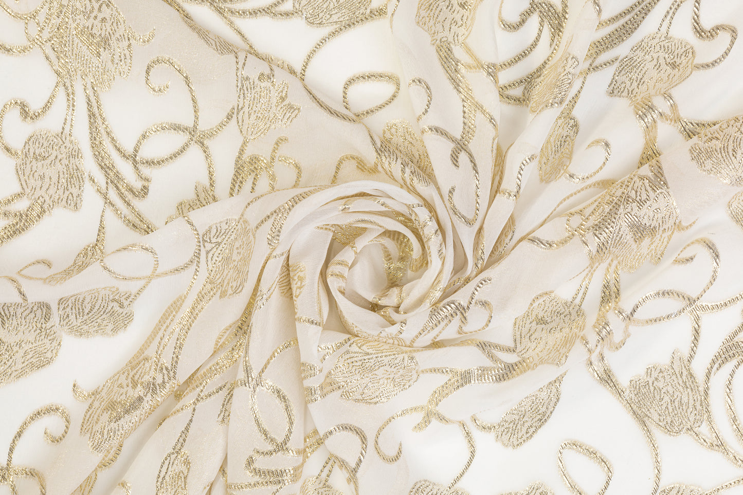 Italian Burnout Metallic Silk Chiffon - Off White and Gold