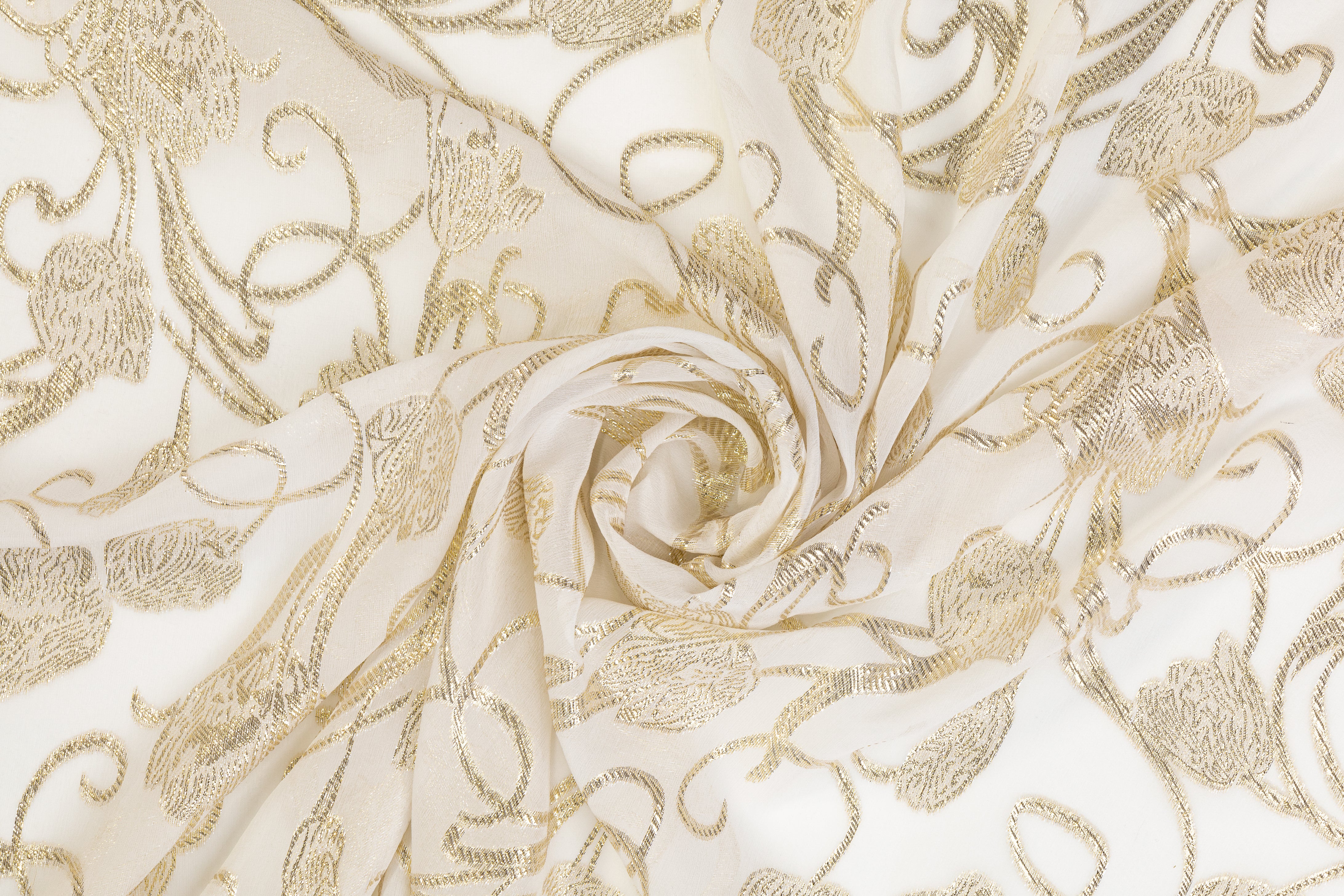 Italian Burnout Metallic Silk Chiffon - Off White and Gold