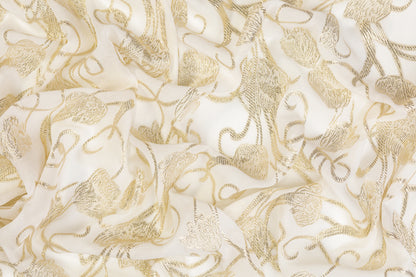 Italian Burnout Metallic Silk Chiffon - Off White and Gold