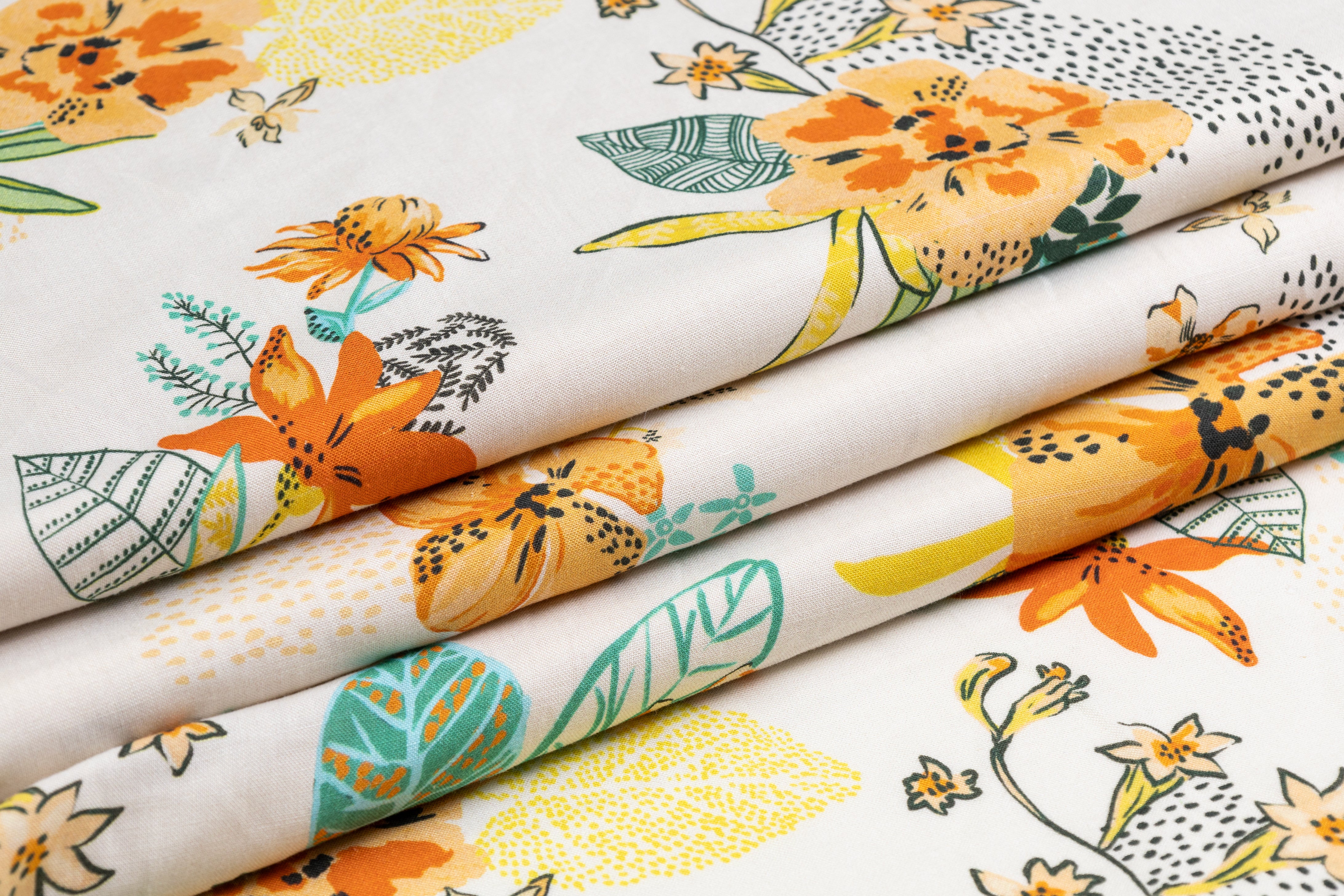 Floral Italian Linen Viscose Blend - White / Orange / Yellow / Green