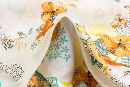 Floral Italian Linen Viscose Blend - White / Orange / Yellow / Green