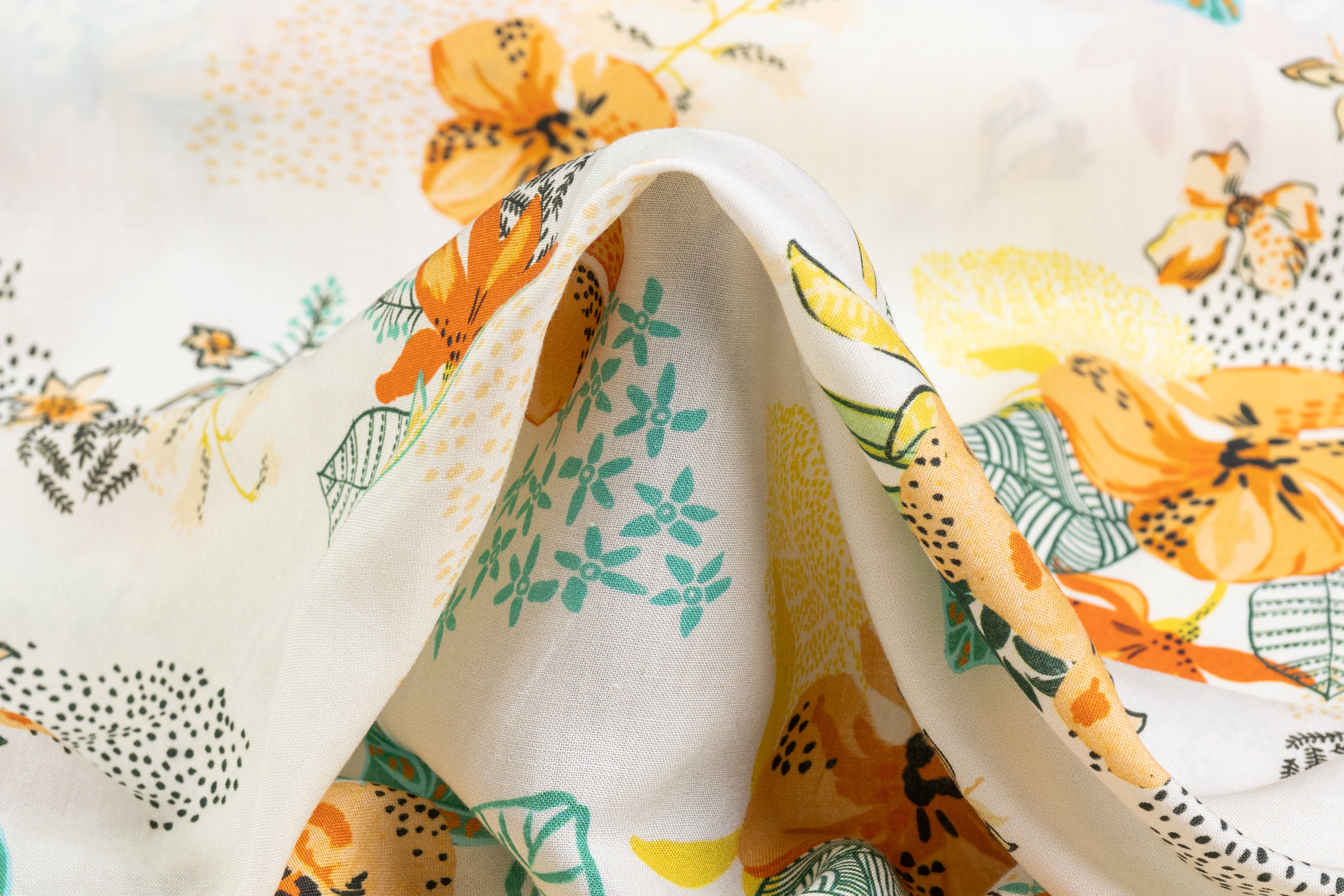 Floral Italian Linen Viscose Blend - White / Orange / Yellow / Green