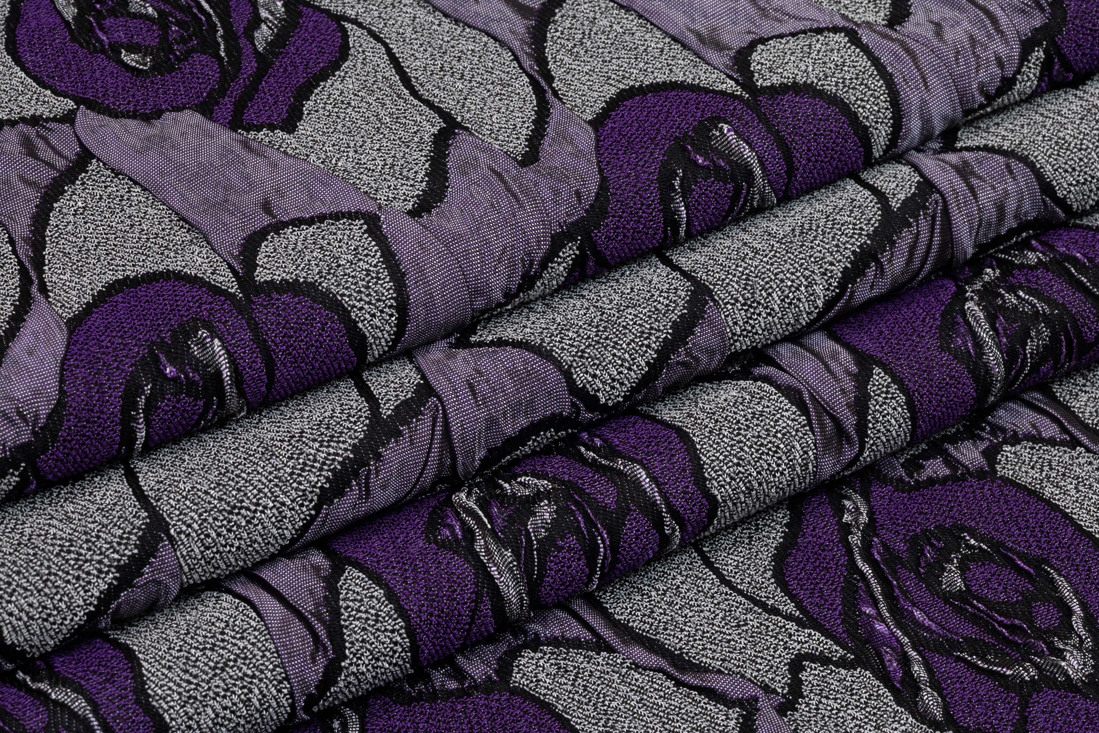 Floral Crushed Italian Stretch Brocade - Purple / Gray