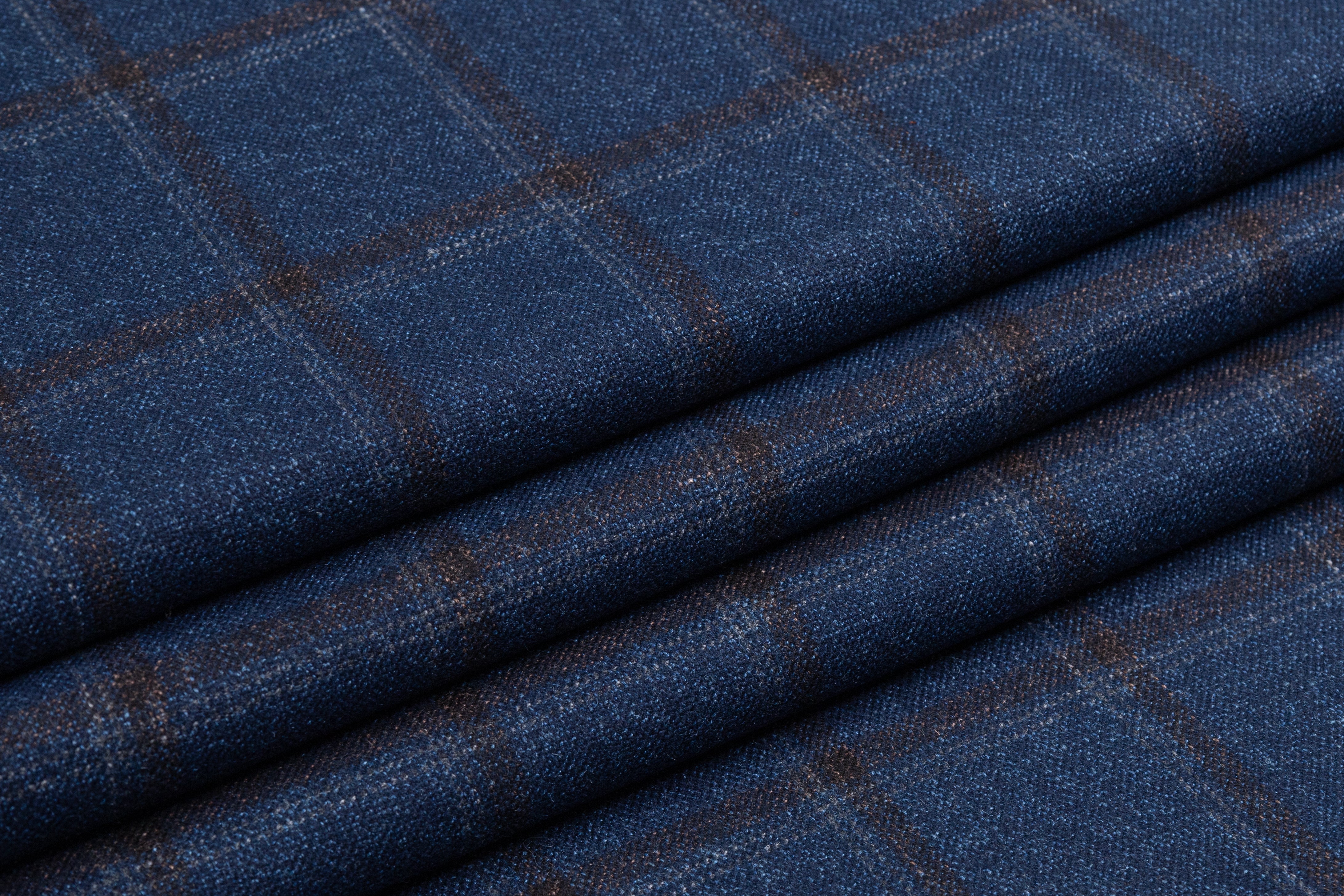 Vitale Barberis Canonico - Checked Italian Silk Wool Linen Suiting - Blue / Brown