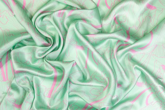 Abstract Italian Silk Charmeuse - Mint Green and Pink