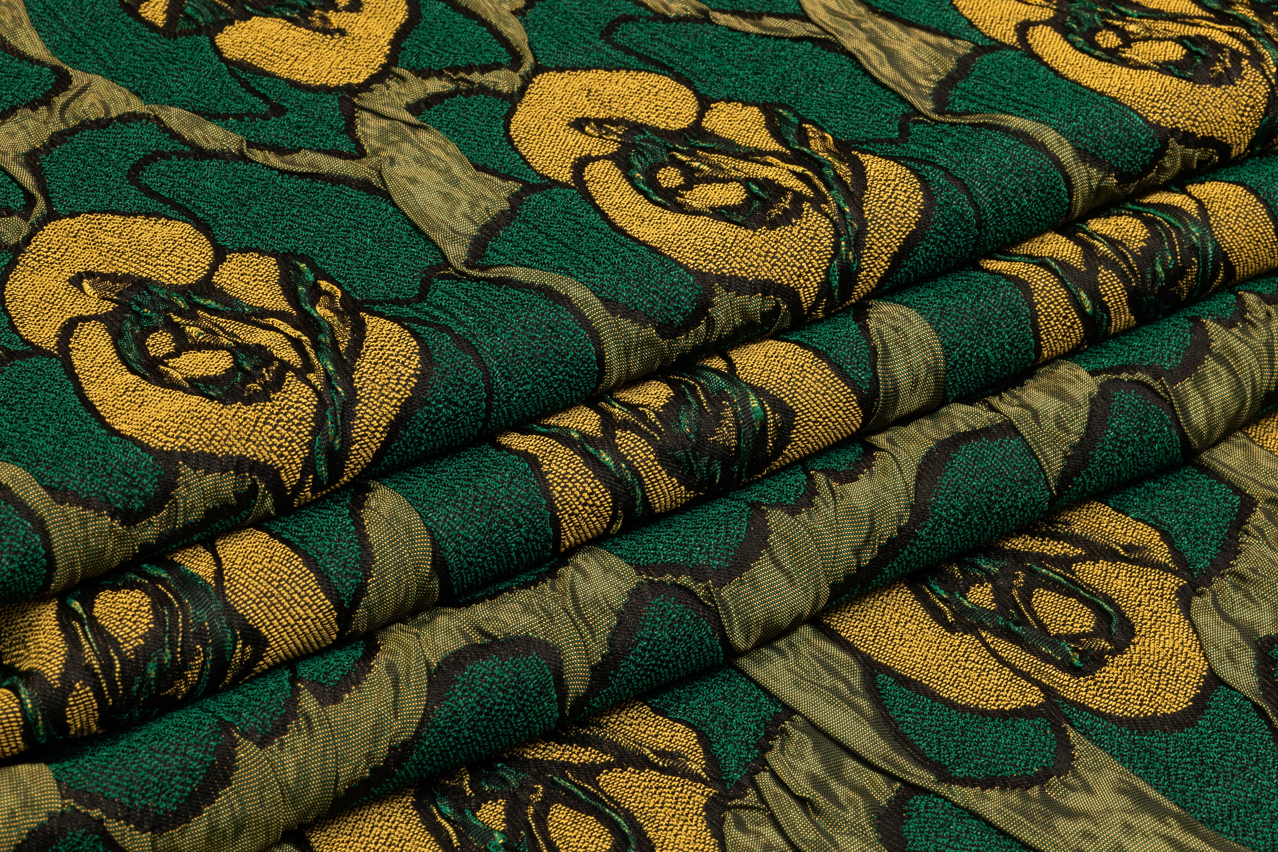 Floral Crushed Italian Stretch Brocade - Green / Gold