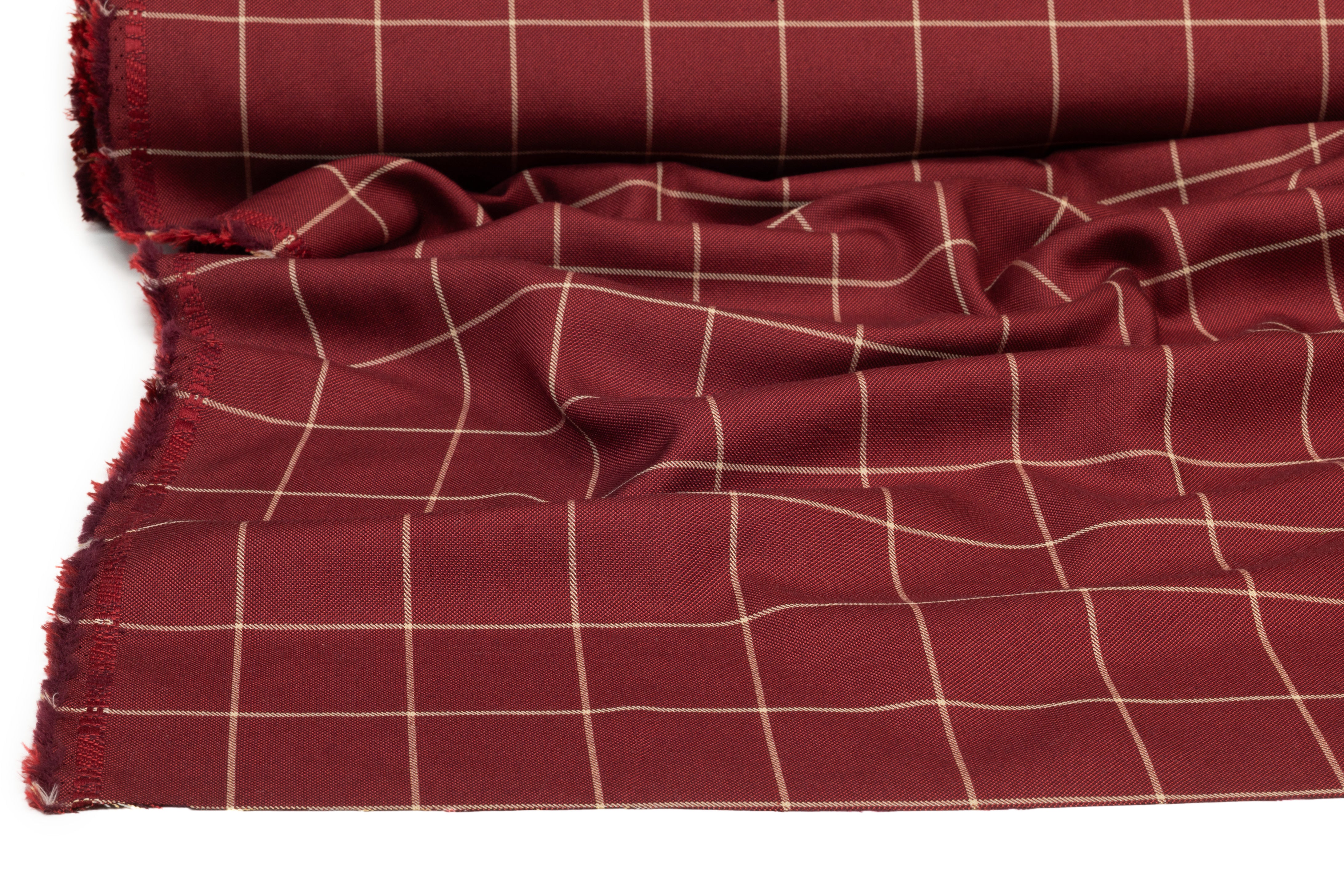 Windowpane Italian Silk and Wool Suiting - Maroon / Beige