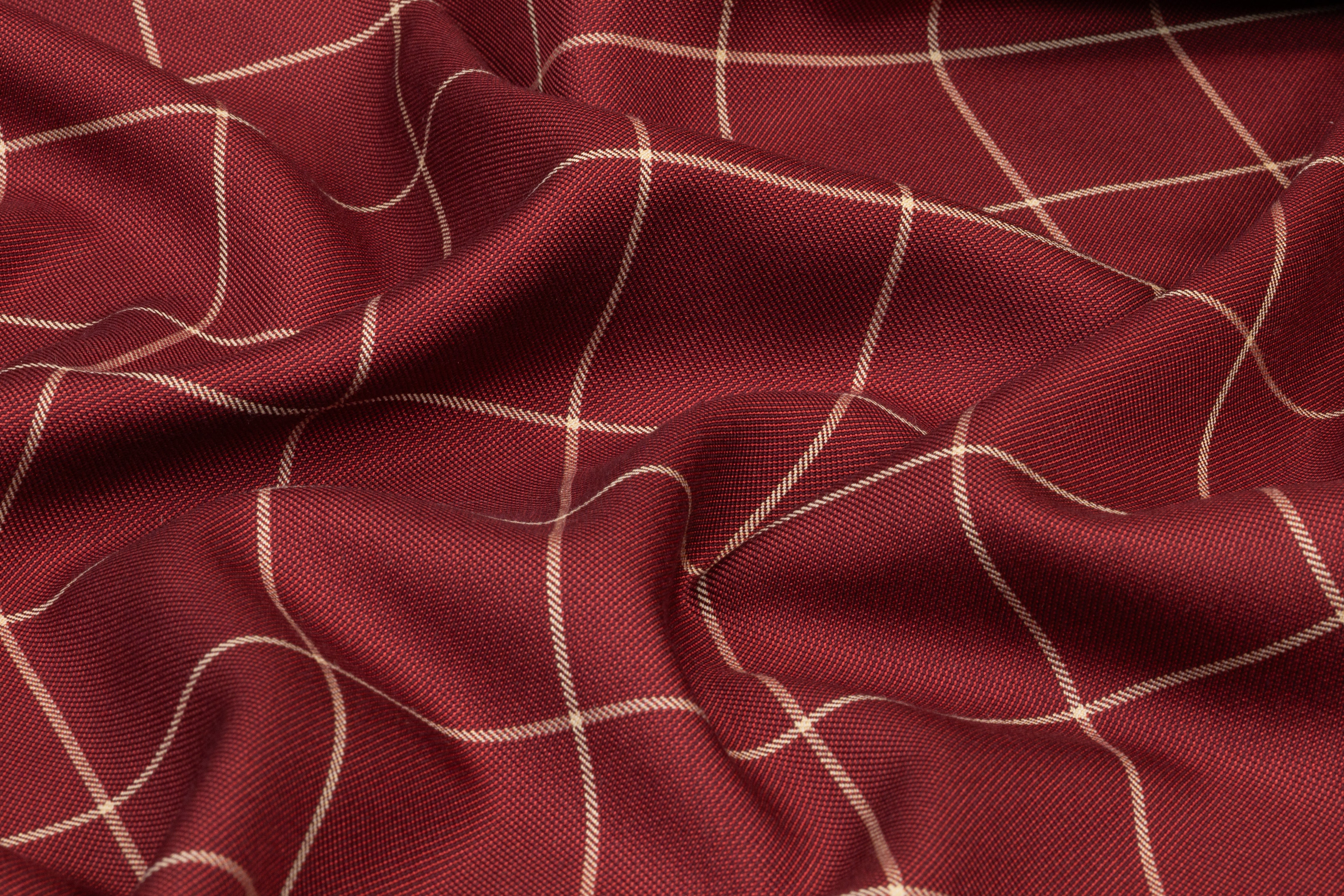 Windowpane Italian Silk and Wool Suiting - Maroon / Beige