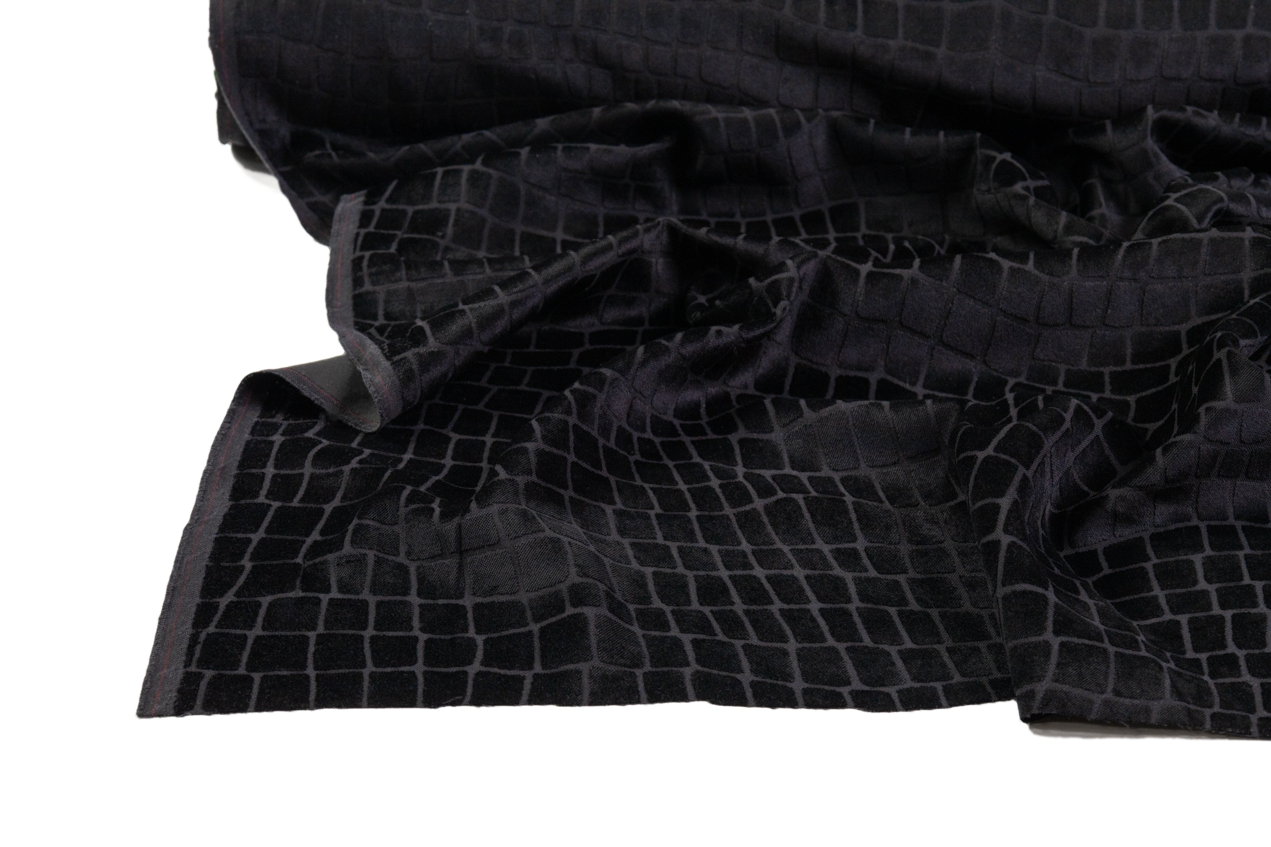 Crocodile Italian Silk Viscose Cut Velvet - Black