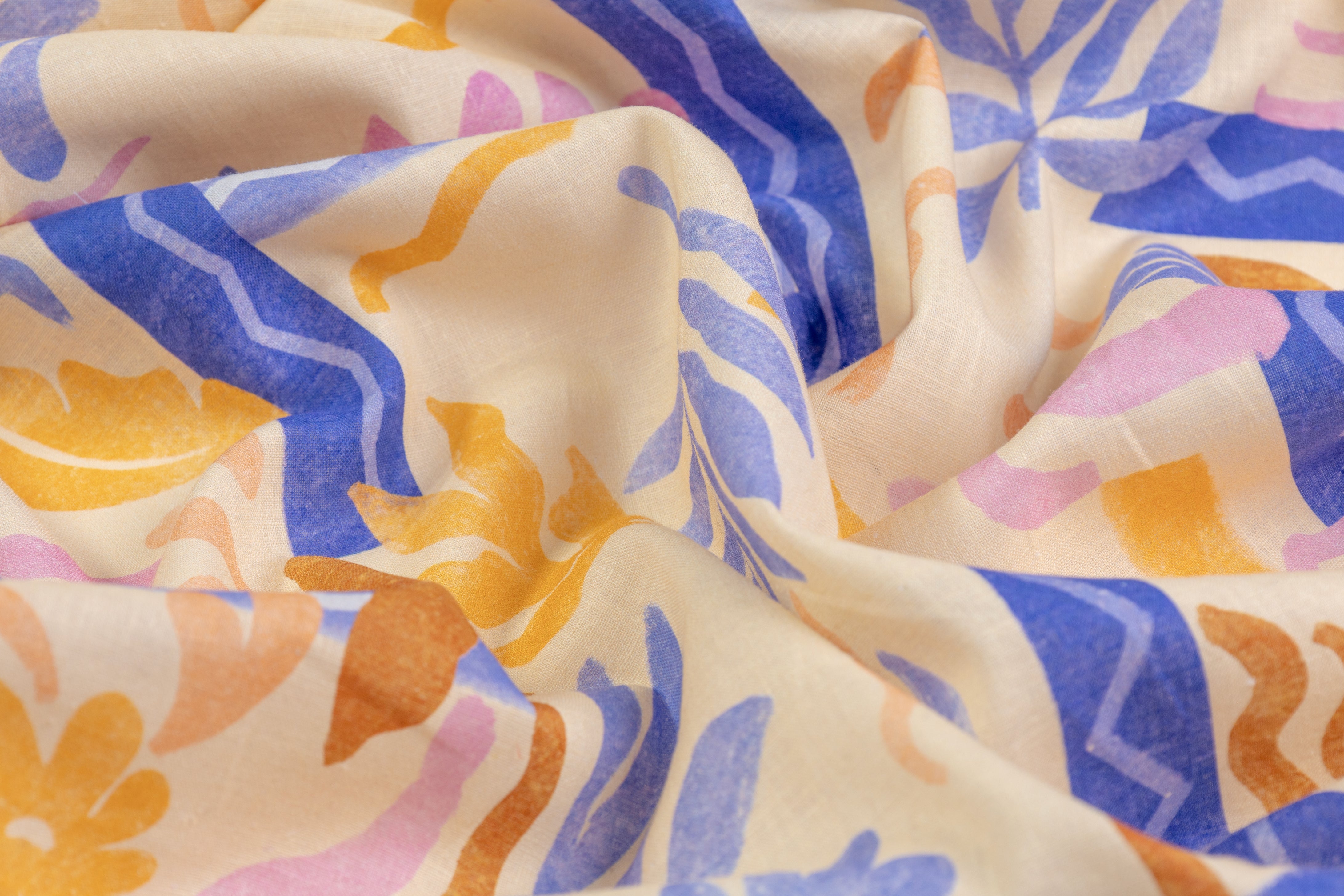 Tropical Floral Italian Linen - Yellow / Blue / Brown / Pink