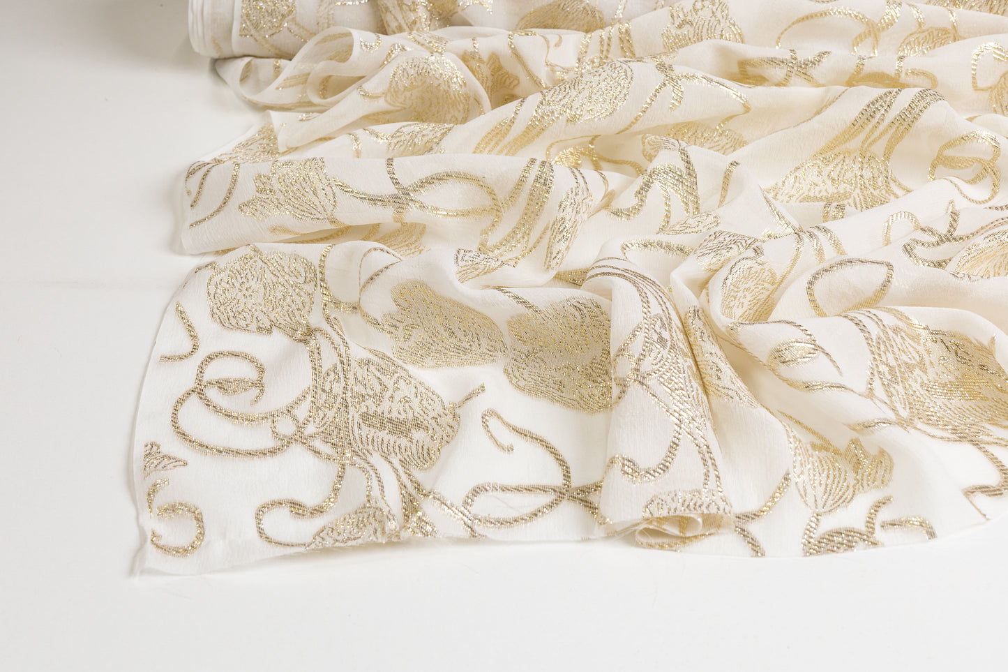 Italian Burnout Metallic Silk Chiffon - Off White and Gold