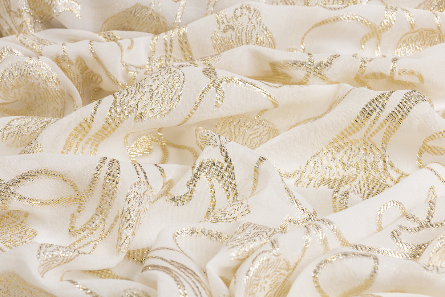 Italian Burnout Metallic Silk Chiffon - Off White and Gold