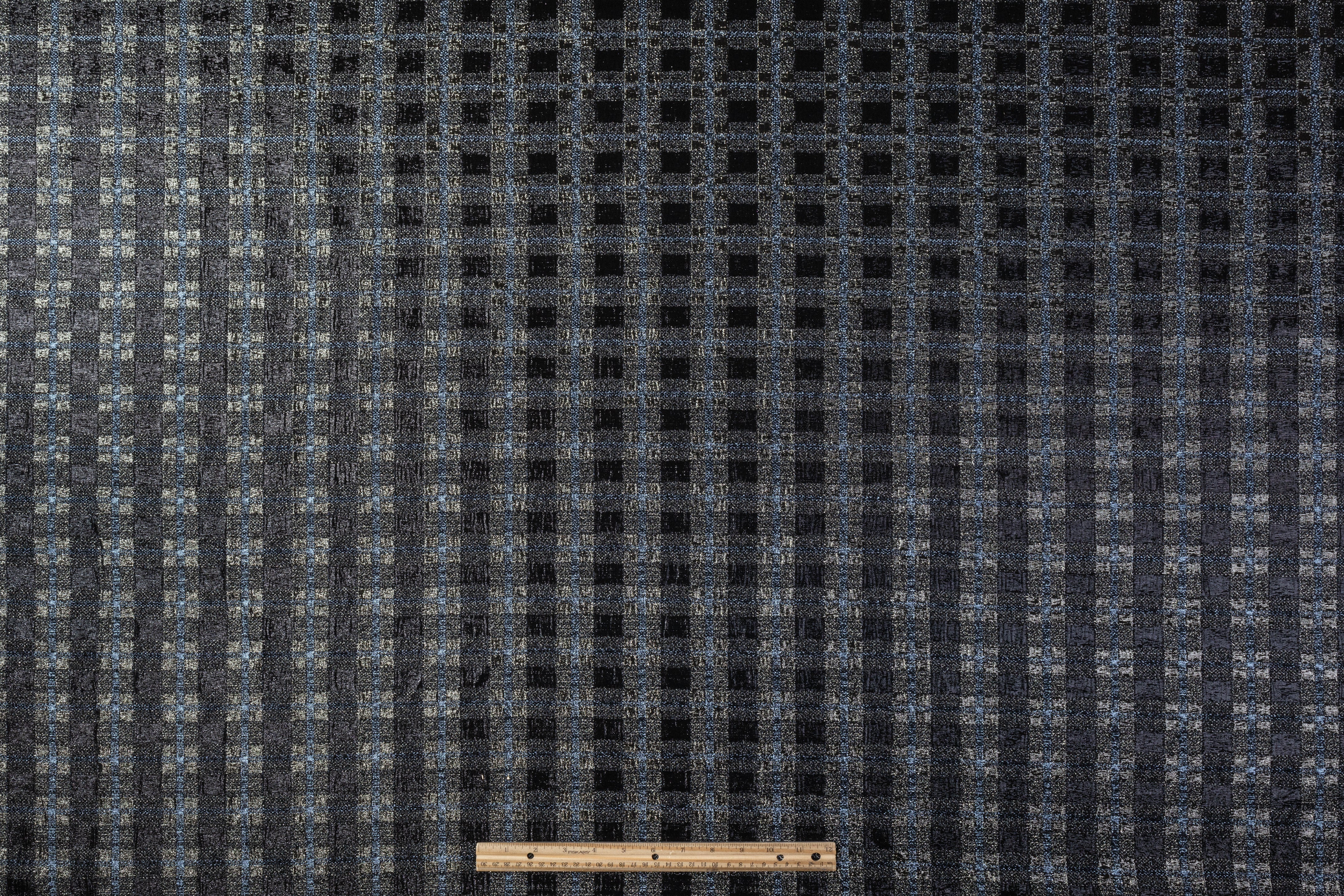 Checked Metallic Stretch Brocade - Black / Gray / Blue