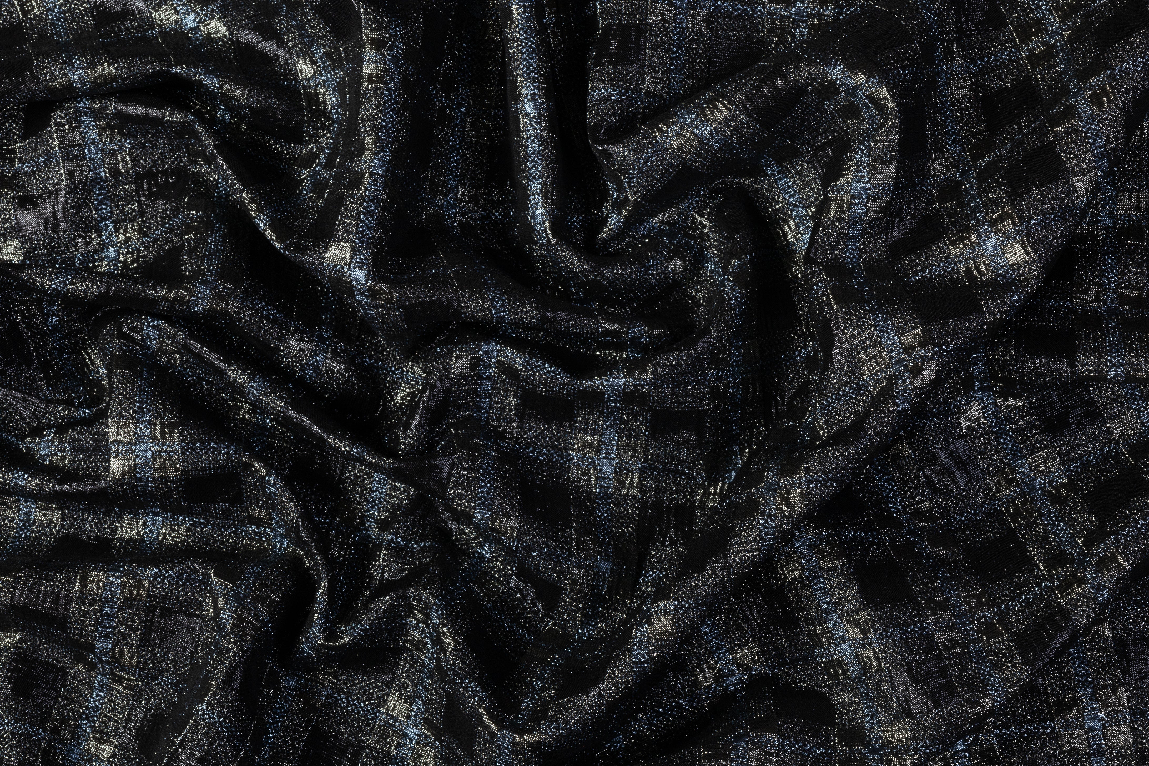 Checked Metallic Stretch Brocade - Black / Gray / Blue