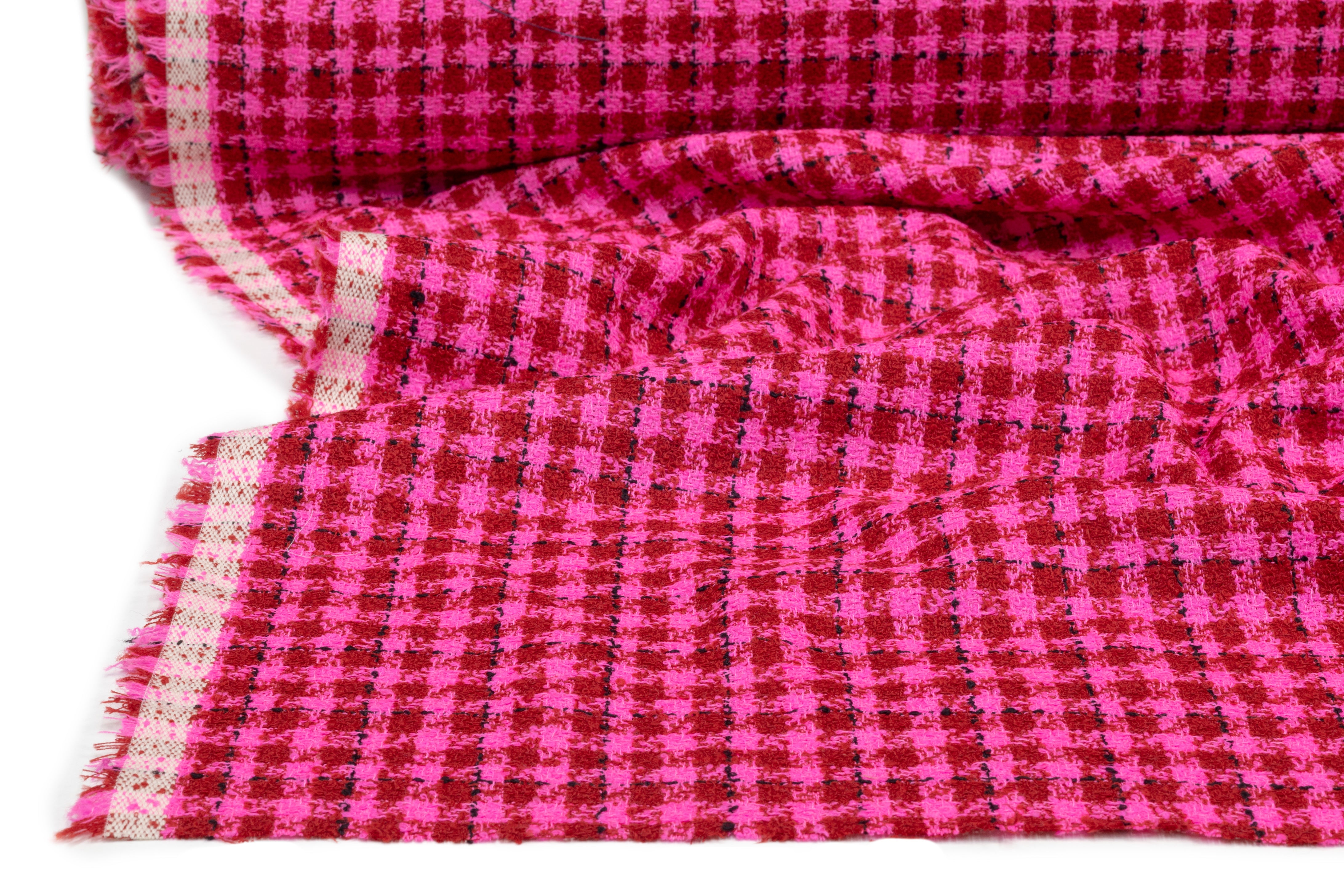 Checked Italian Wool Tweed Boucle - Magenta / Red