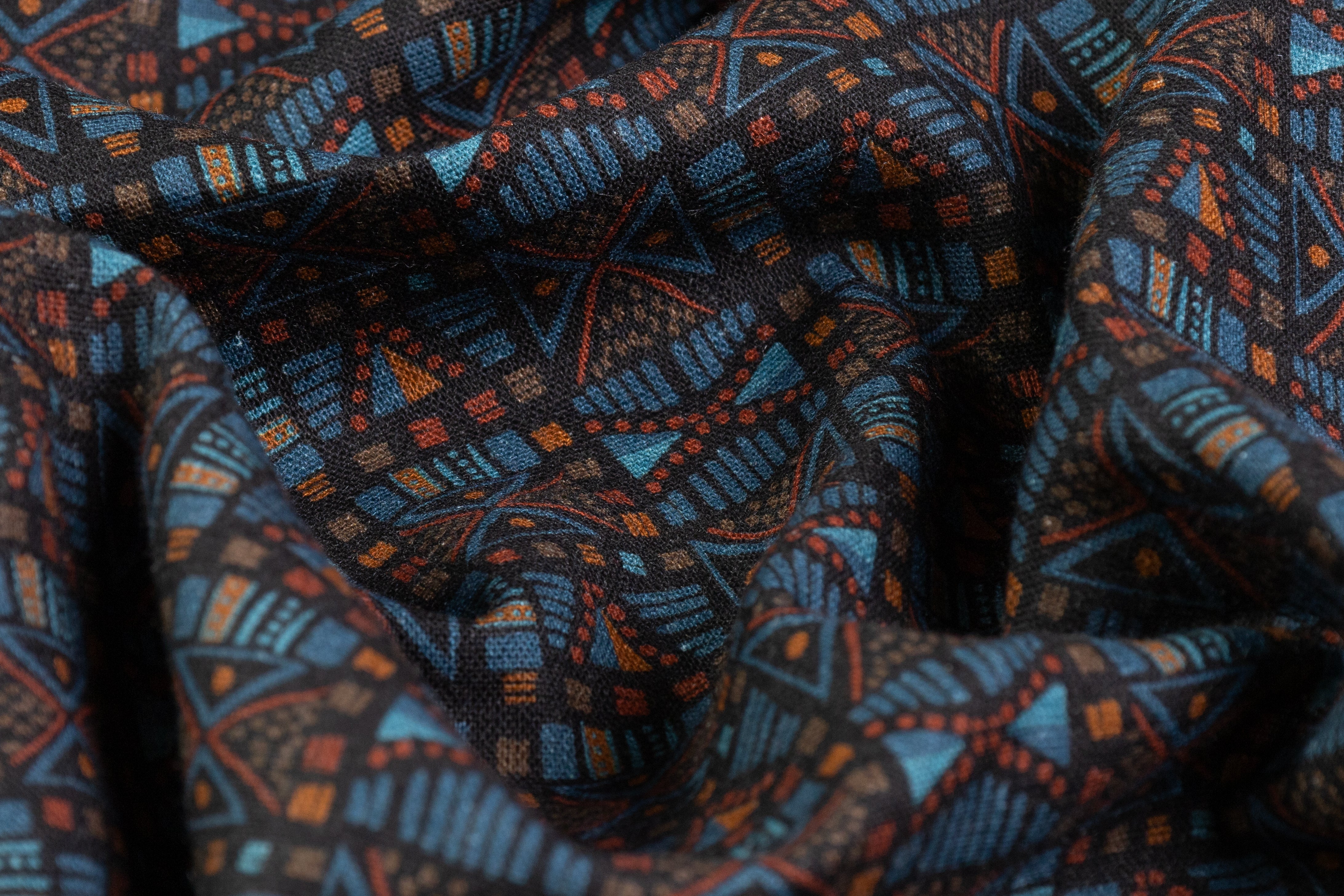 Geometric Italian Linen Viscose Blend - Rust / Blue