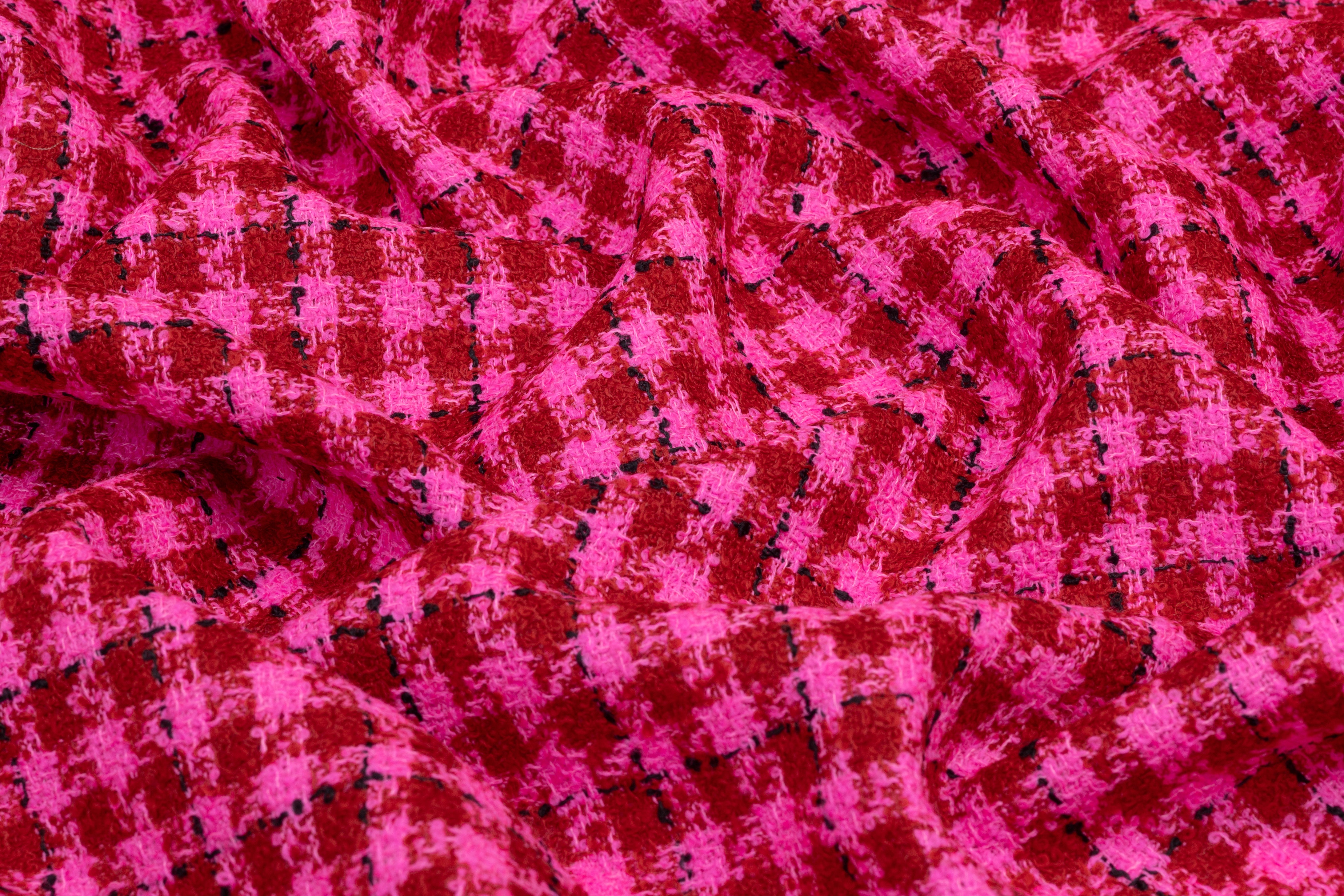 Checked Italian Wool Tweed Boucle - Magenta / Red