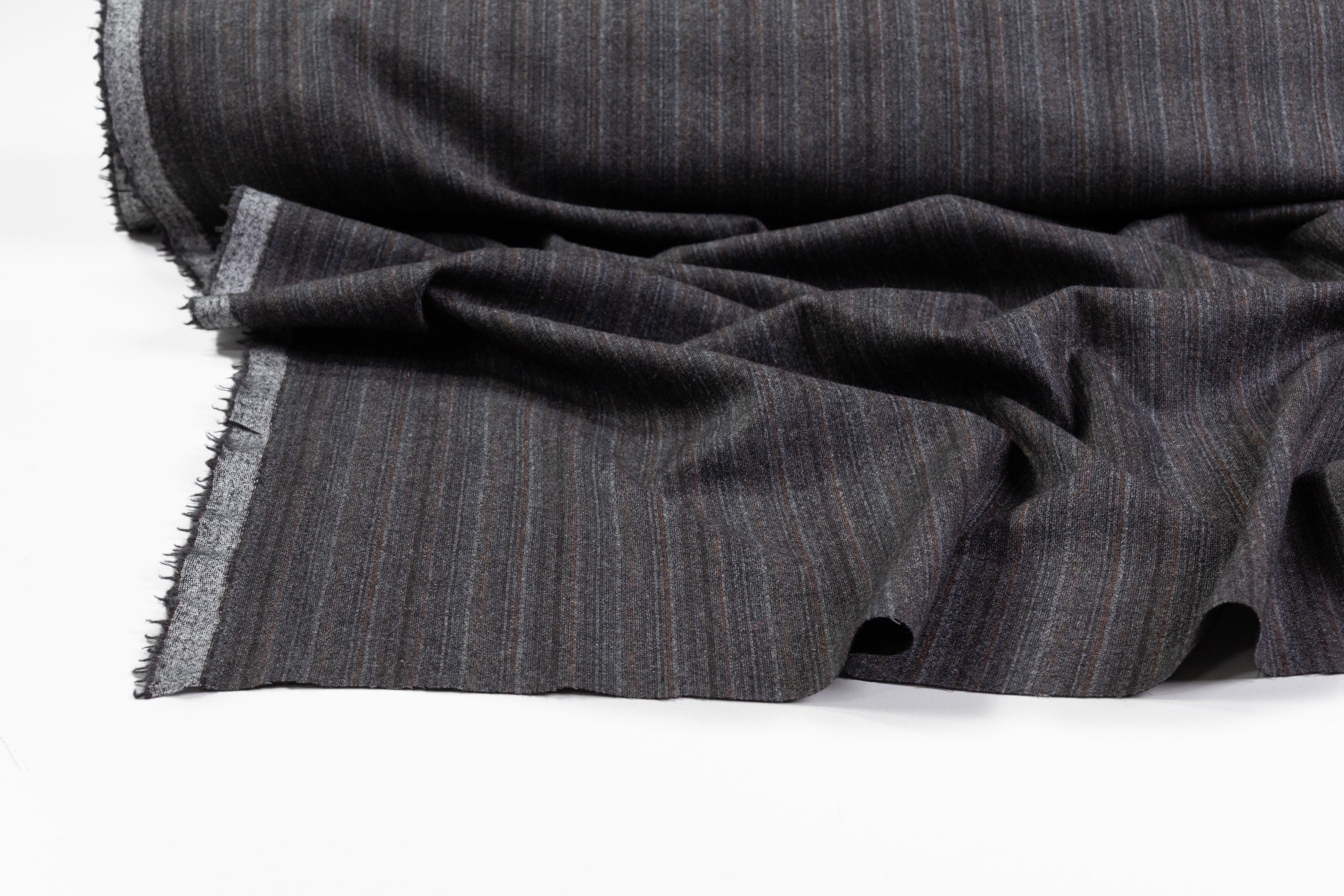 Striped Italian Wool Flannel Suiting - Charcoal Gray / Brown