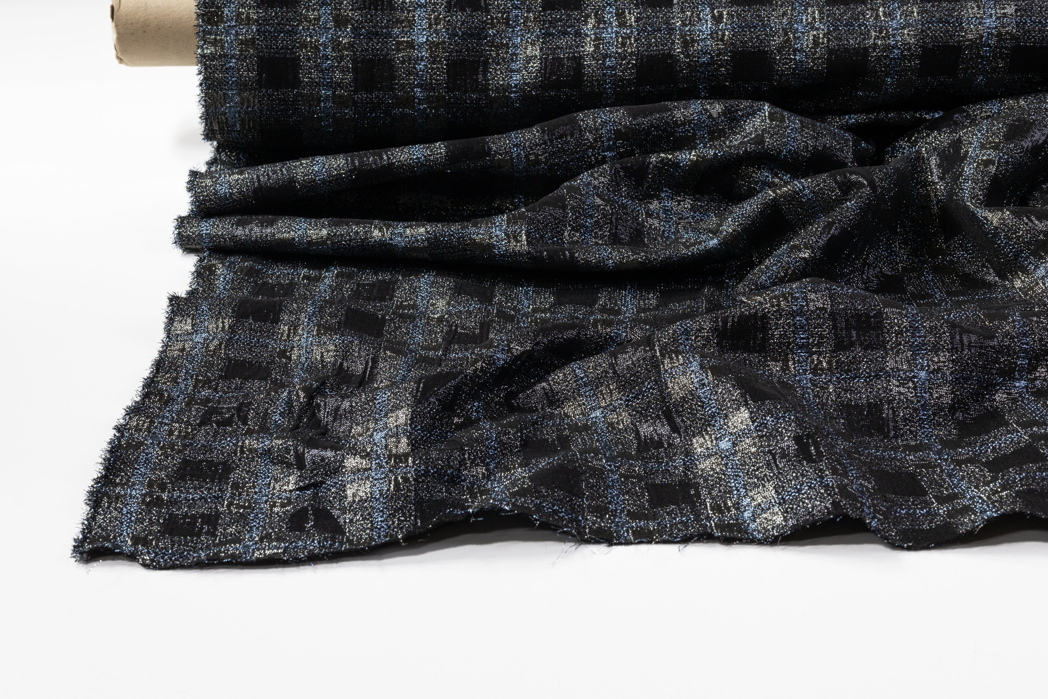 Checked Metallic Stretch Brocade - Black / Gray / Blue