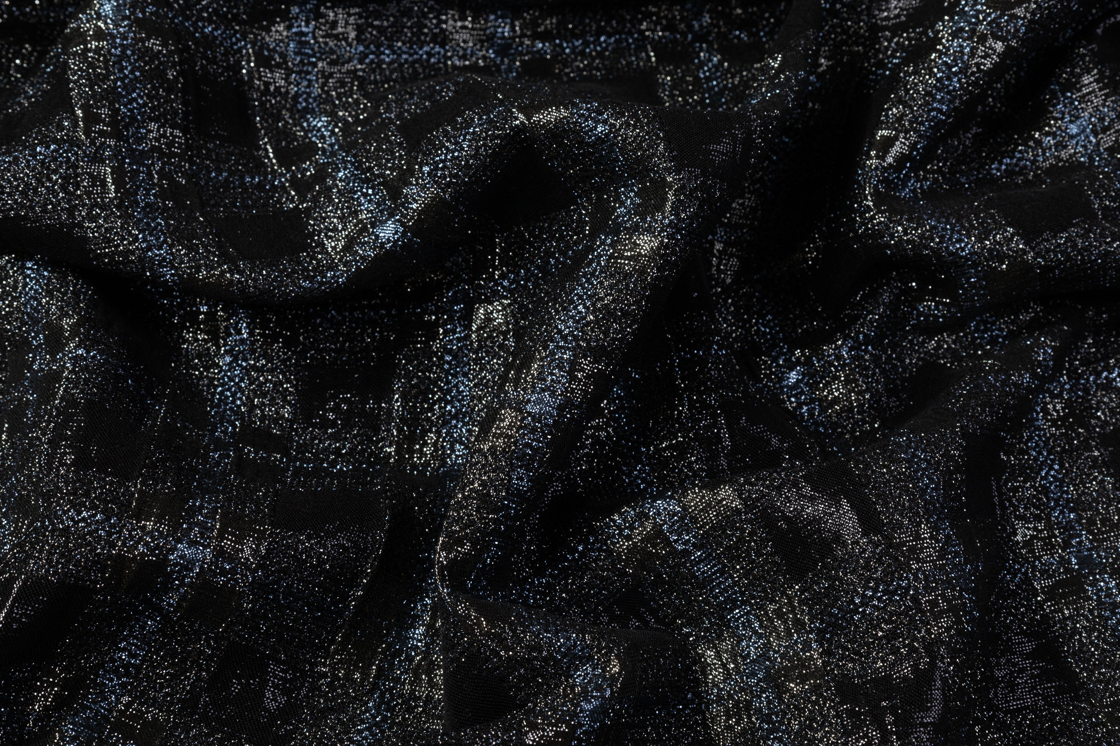 Checked Metallic Stretch Brocade - Black / Gray / Blue