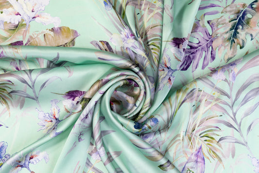 Tropical Floral Italian Silk Charmeuse - Green Multicolor