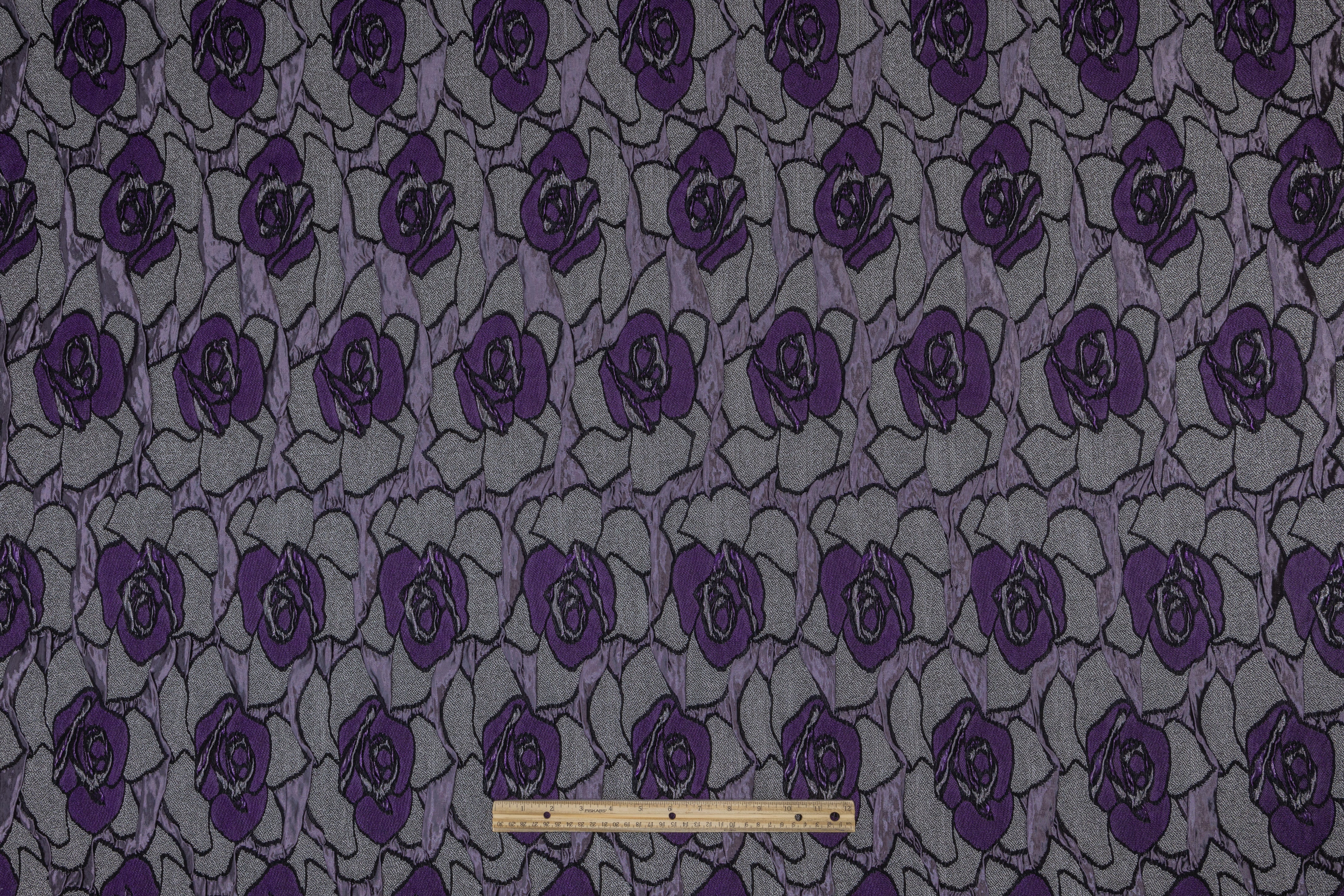 Floral Crushed Italian Stretch Brocade - Purple / Gray