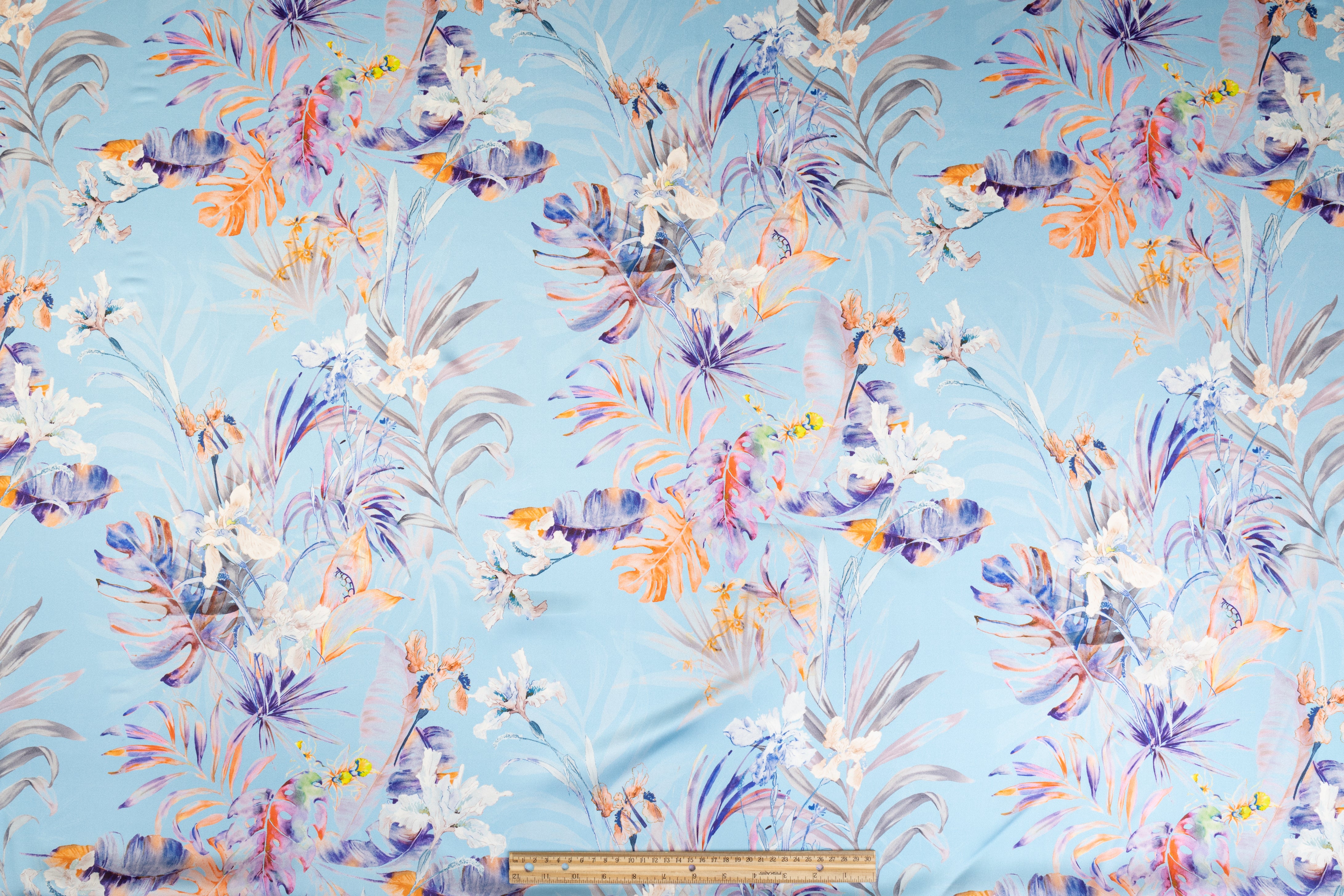 Tropical Floral Italian Silk Charmeuse - Blue Multicolor