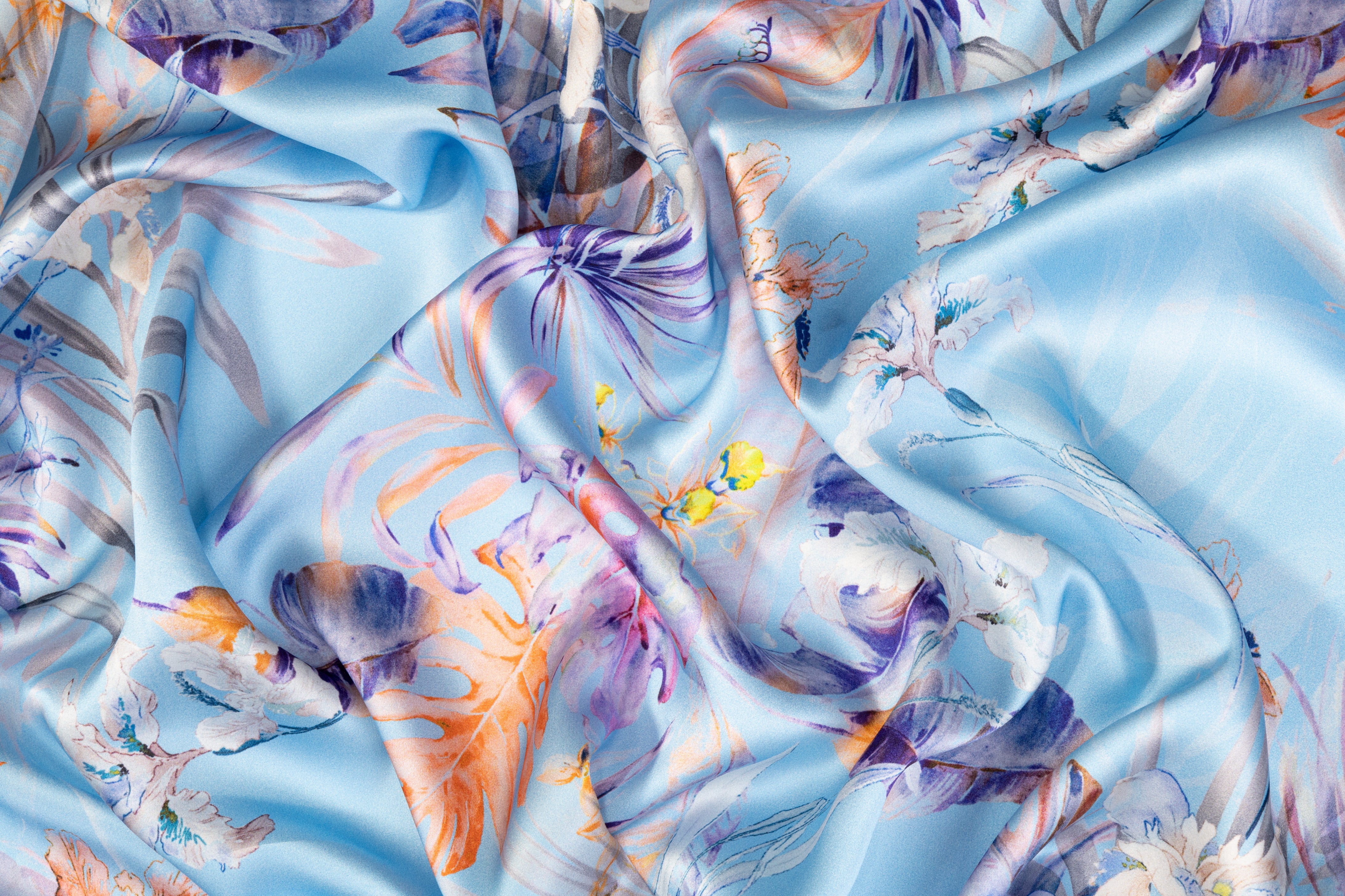 Tropical Floral Italian Silk Charmeuse - Blue Multicolor