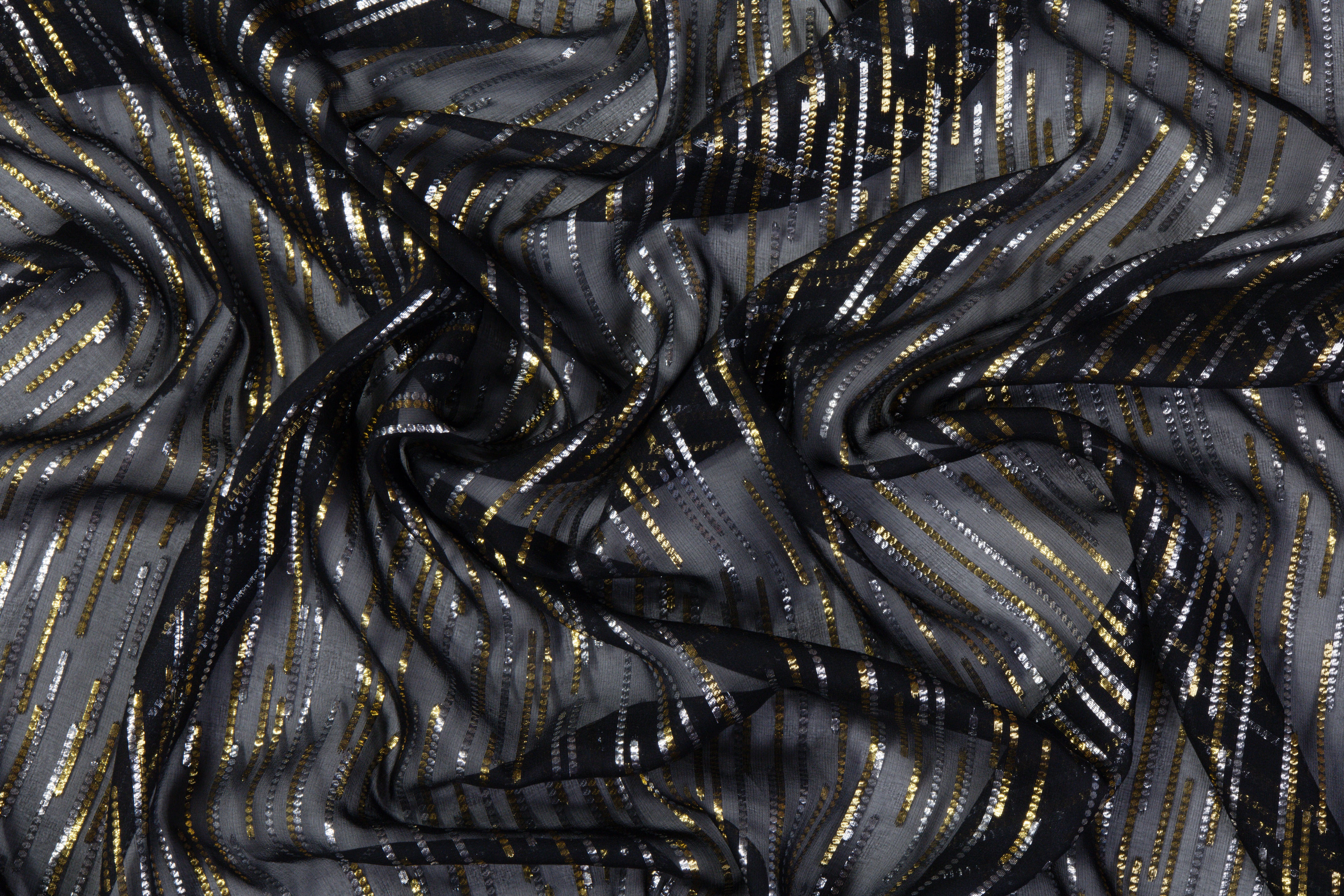 Metallic Italian Silk Chiffon Fil Coupé - Black / Gold / Silver