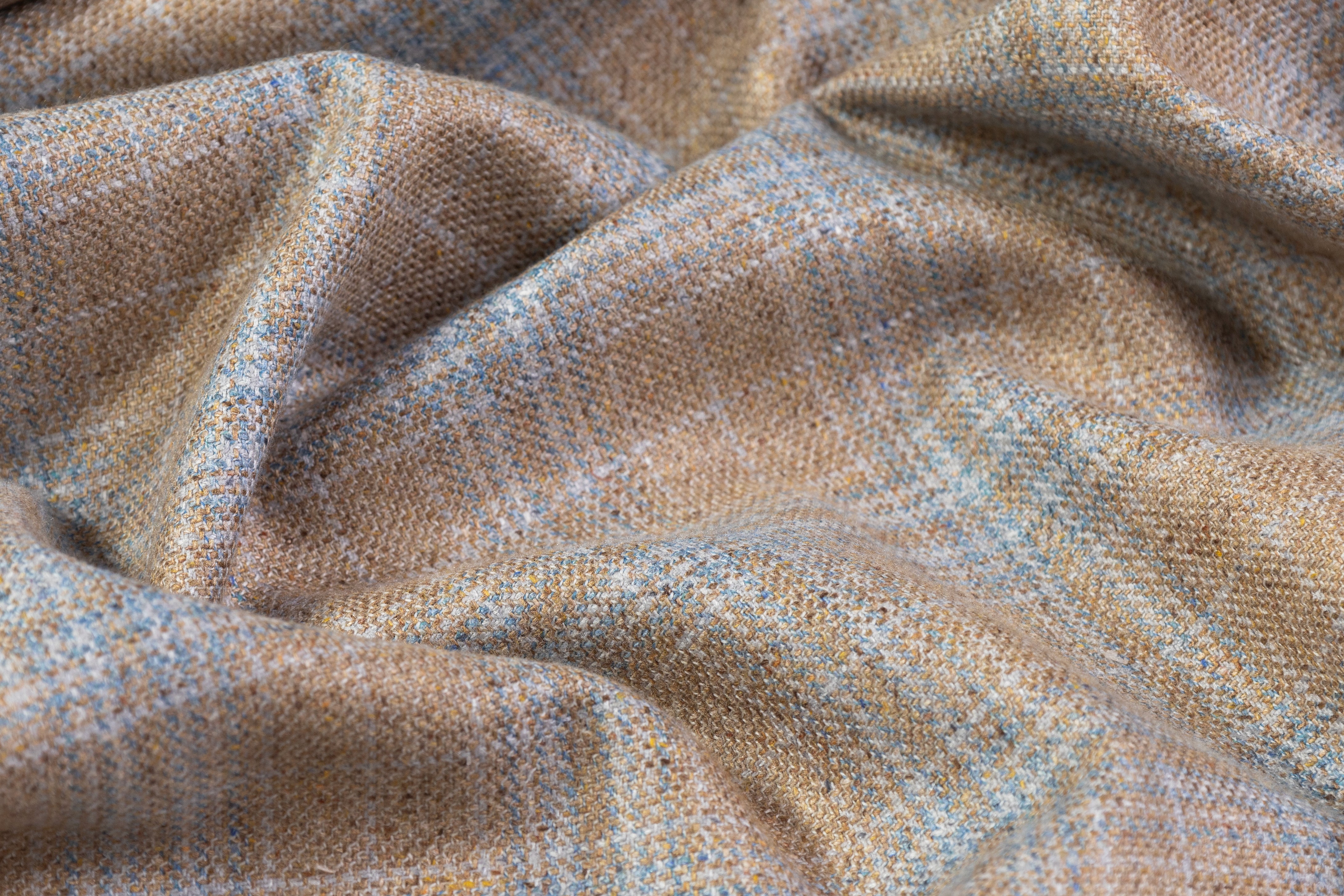 Plaid Italian Silk and Wool Suiting - Tan / Pale Blue
