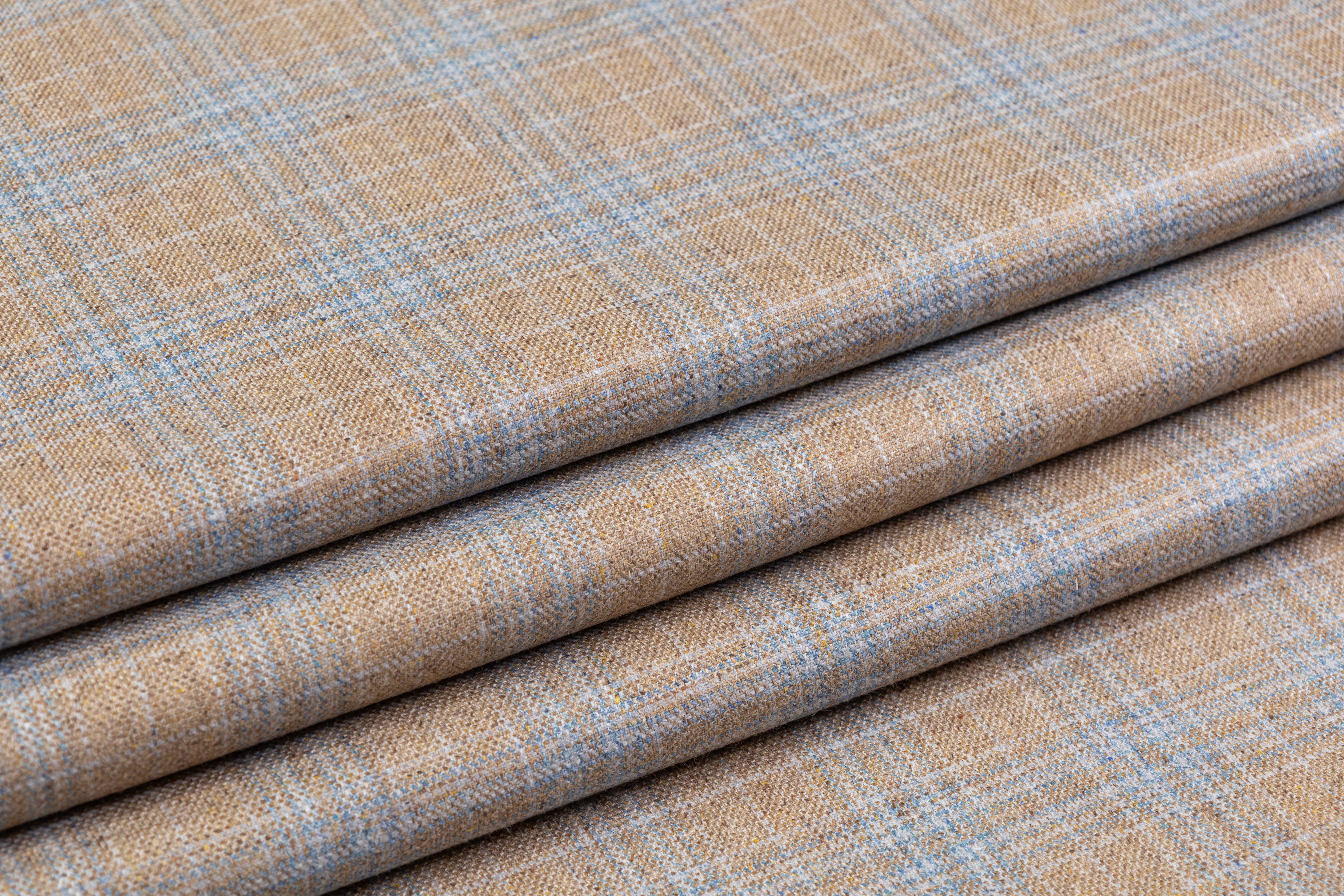 Plaid Italian Silk and Wool Suiting - Tan / Pale Blue