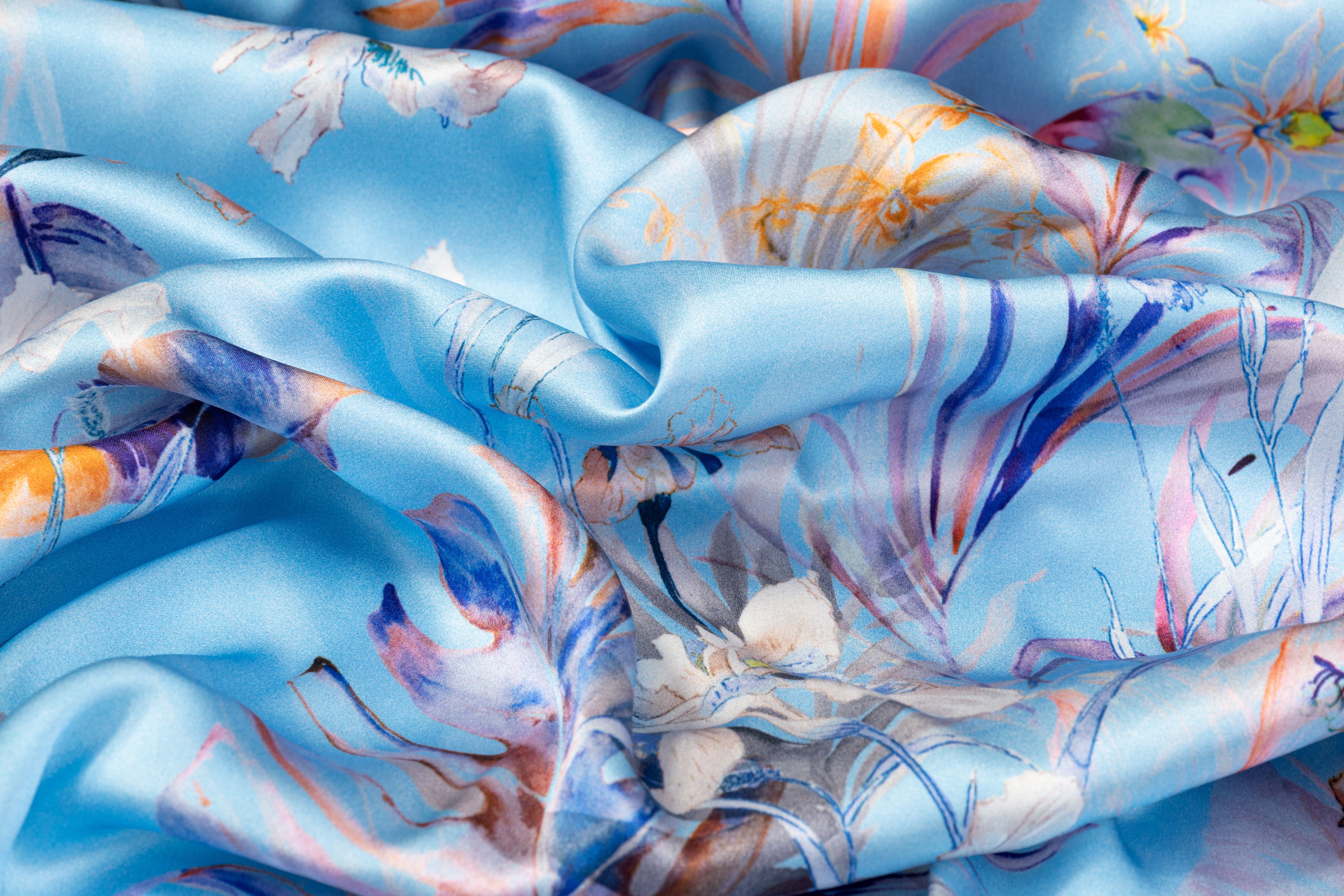 Tropical Floral Italian Silk Charmeuse - Blue Multicolor