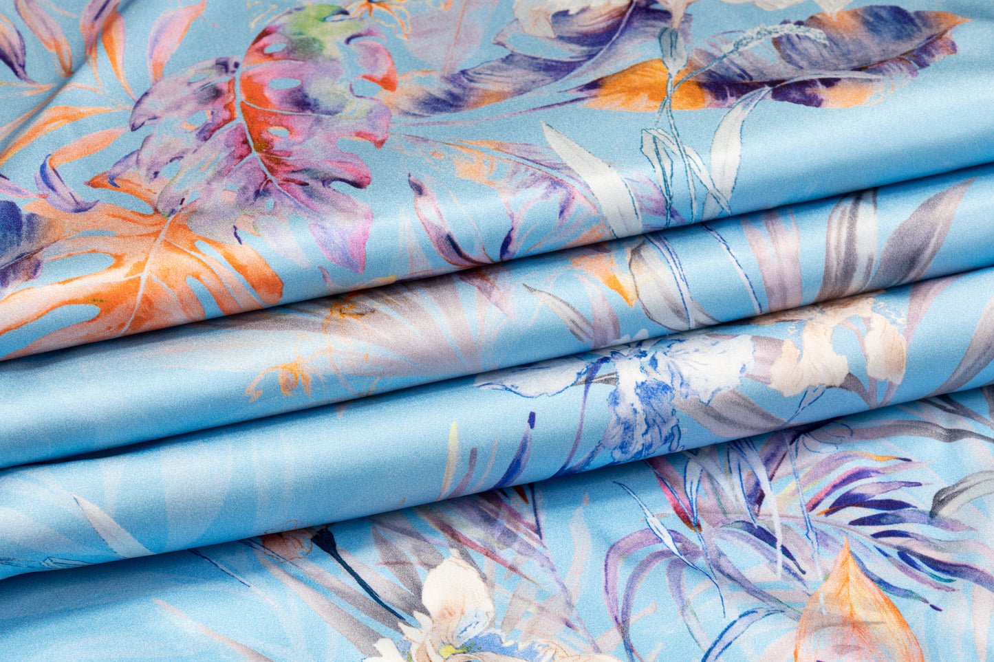 Tropical Floral Italian Silk Charmeuse - Blue Multicolor