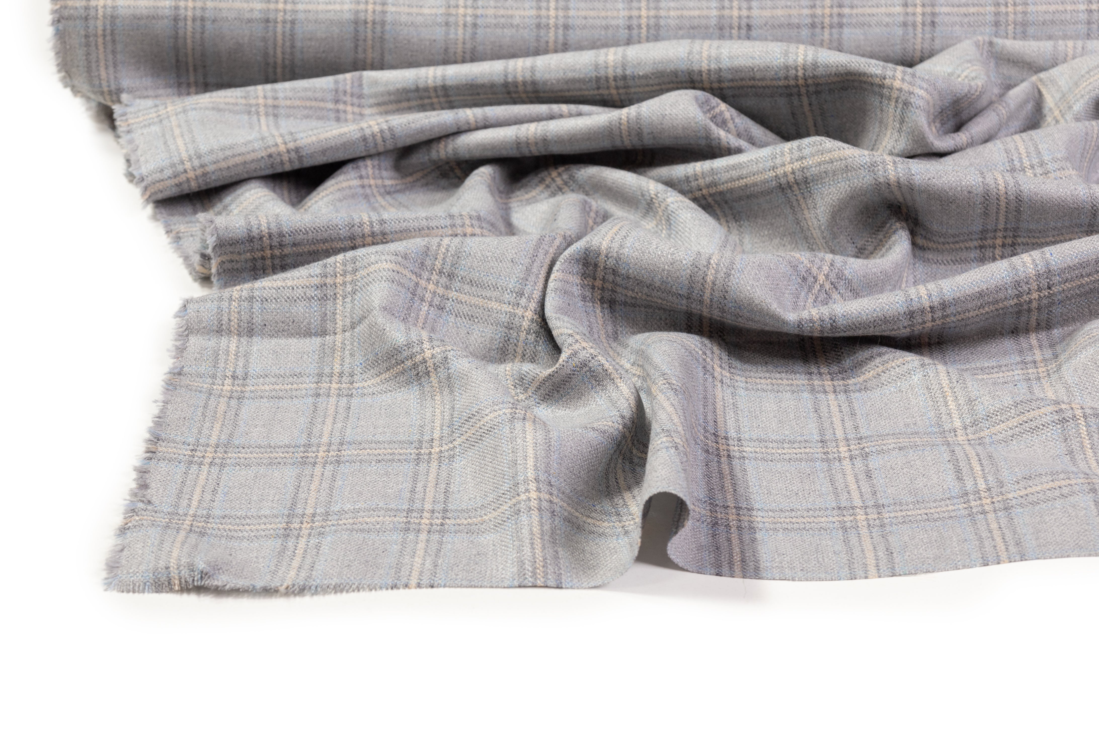 Checked Italian Silk and Wool Suiting - Gray / Blue / Ivory