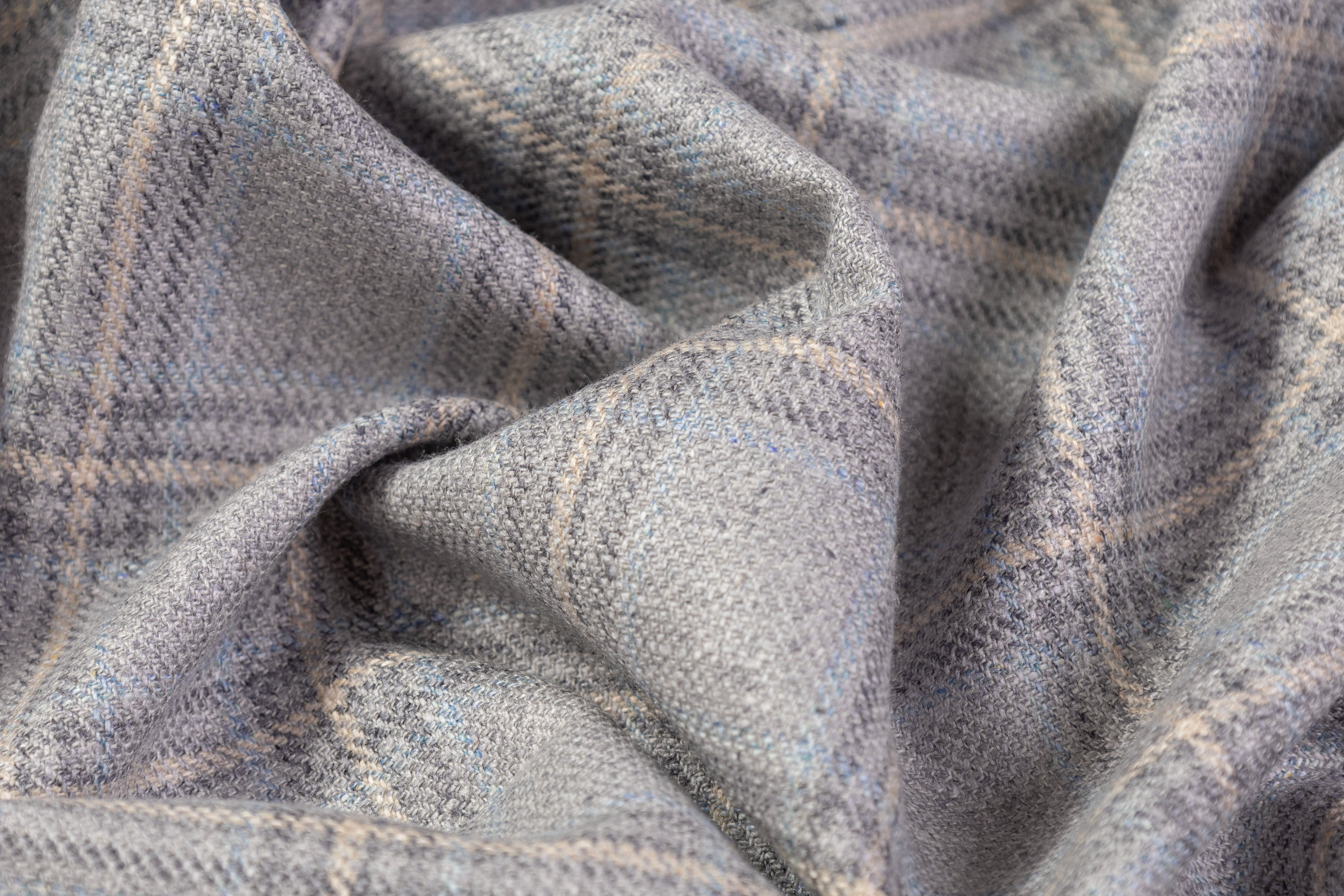 Checked Italian Silk and Wool Suiting - Gray / Blue / Ivory