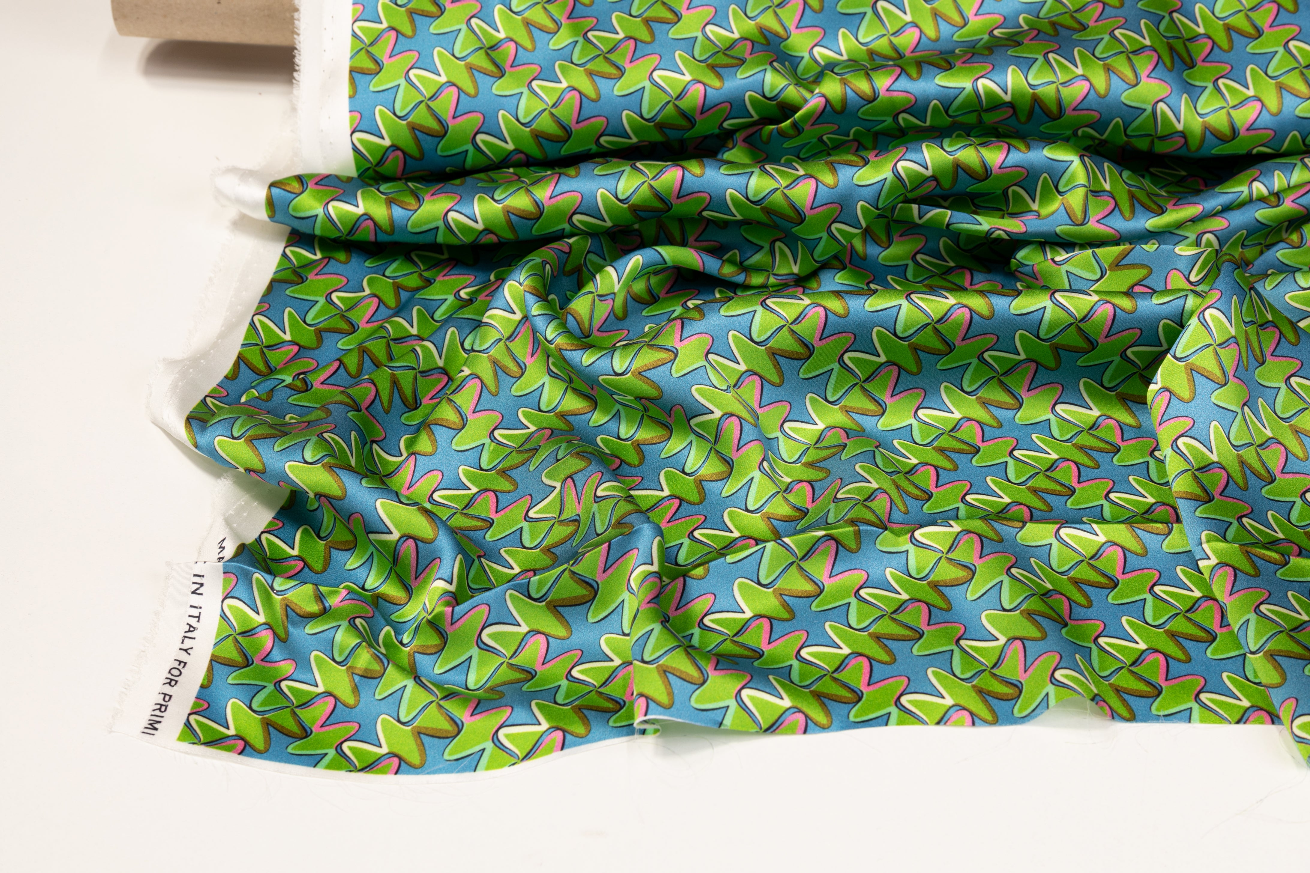 Retro Print Italian Silk Charmeuse - Green and Blue