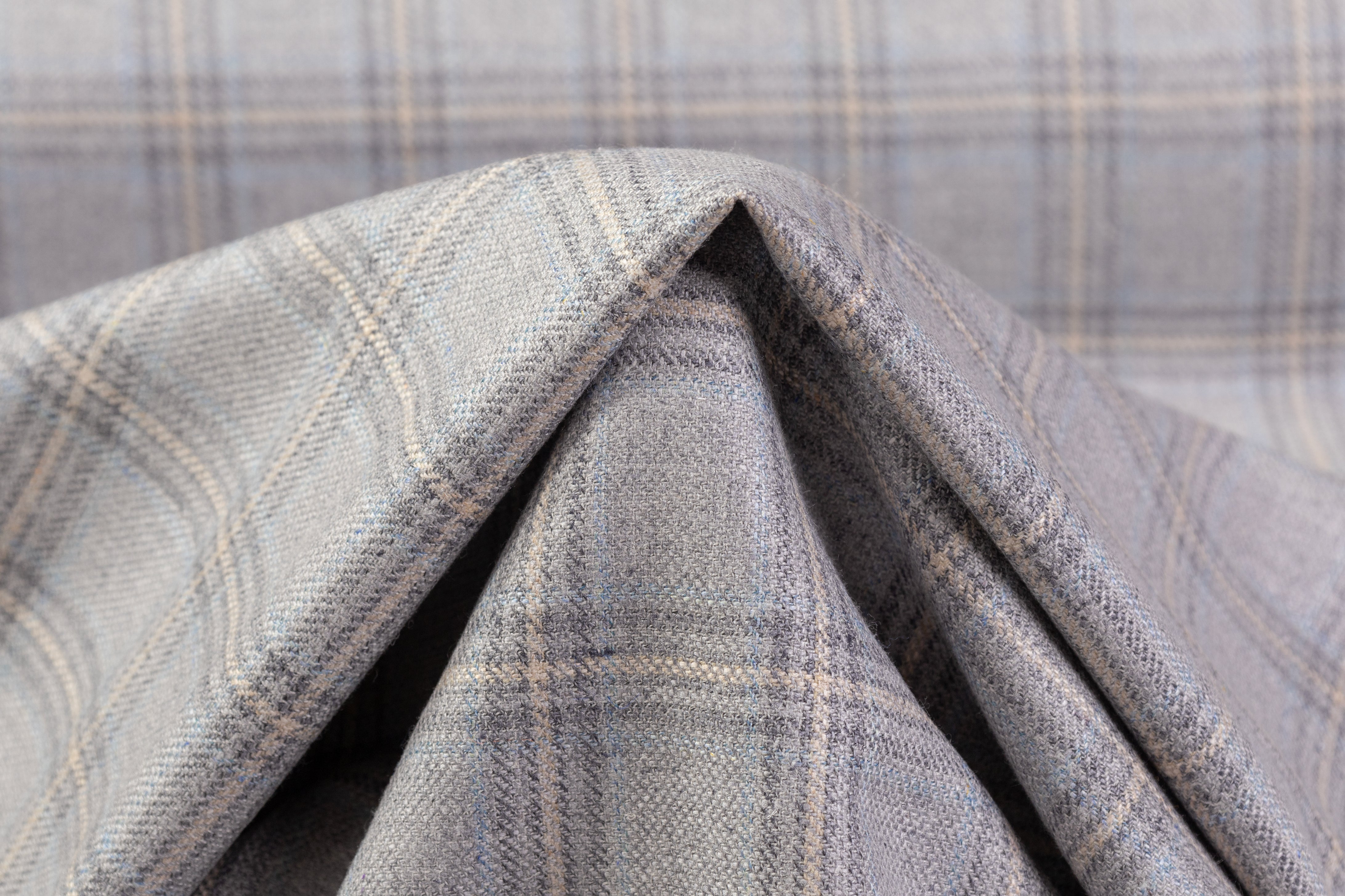 Checked Italian Silk and Wool Suiting - Gray / Blue / Ivory