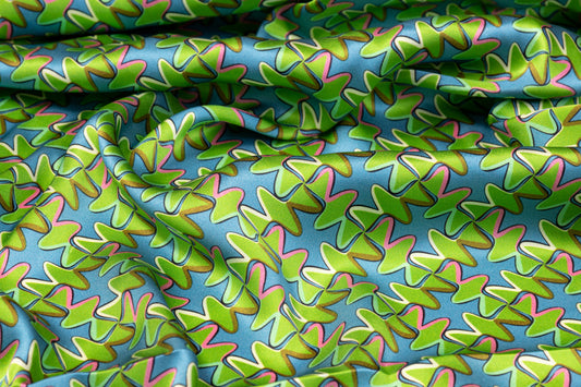 Retro Print Italian Silk Charmeuse - Green and Blue