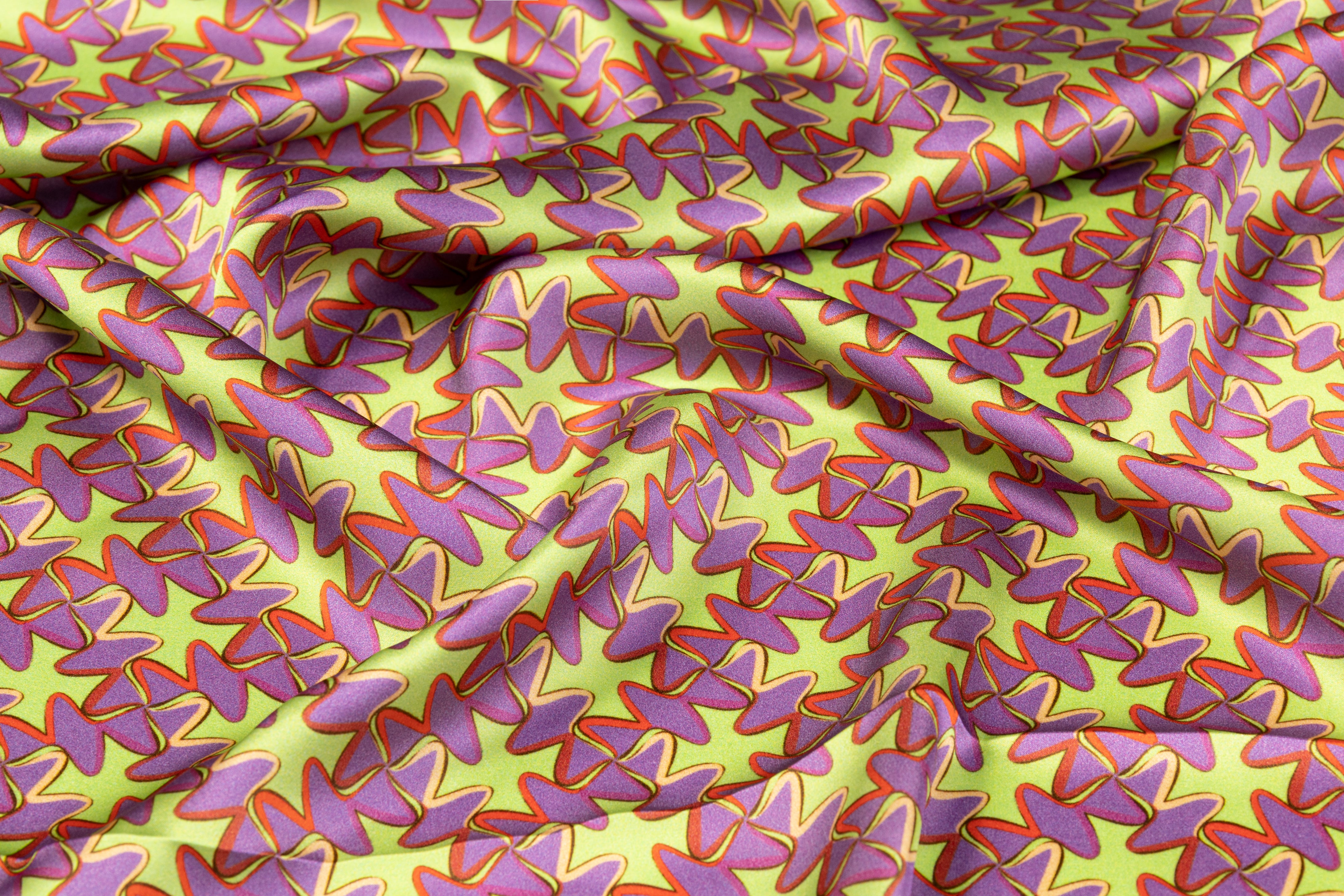 Retro Print Italian Silk Charmeuse - Green and Purple