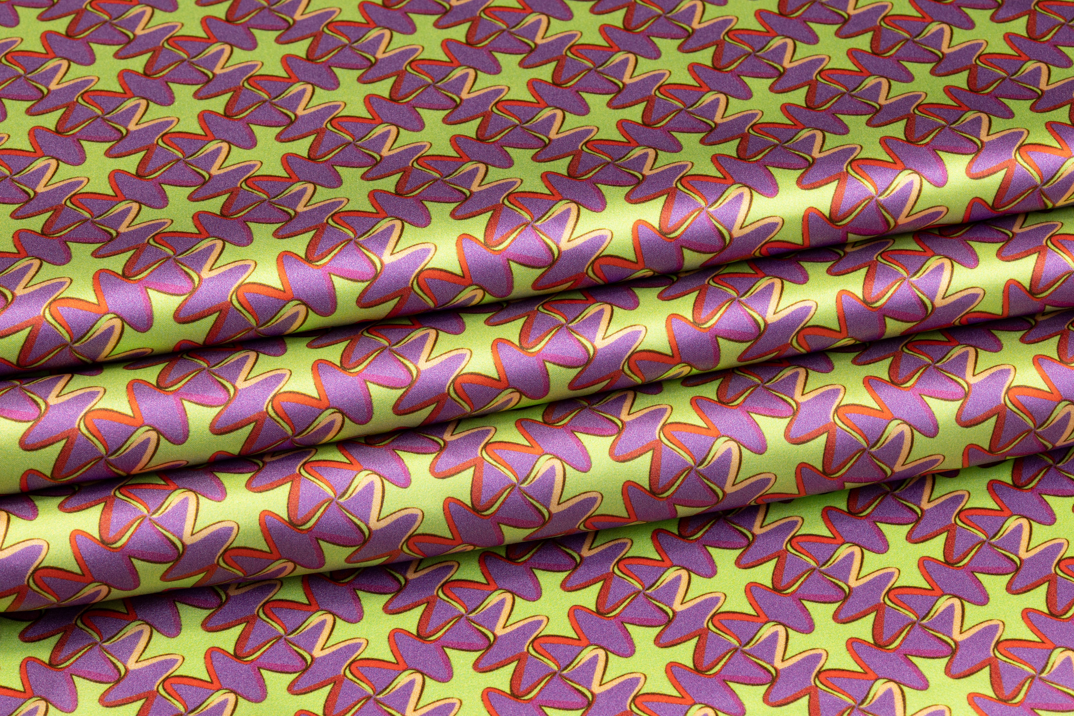 Retro Print Italian Silk Charmeuse - Green and Purple