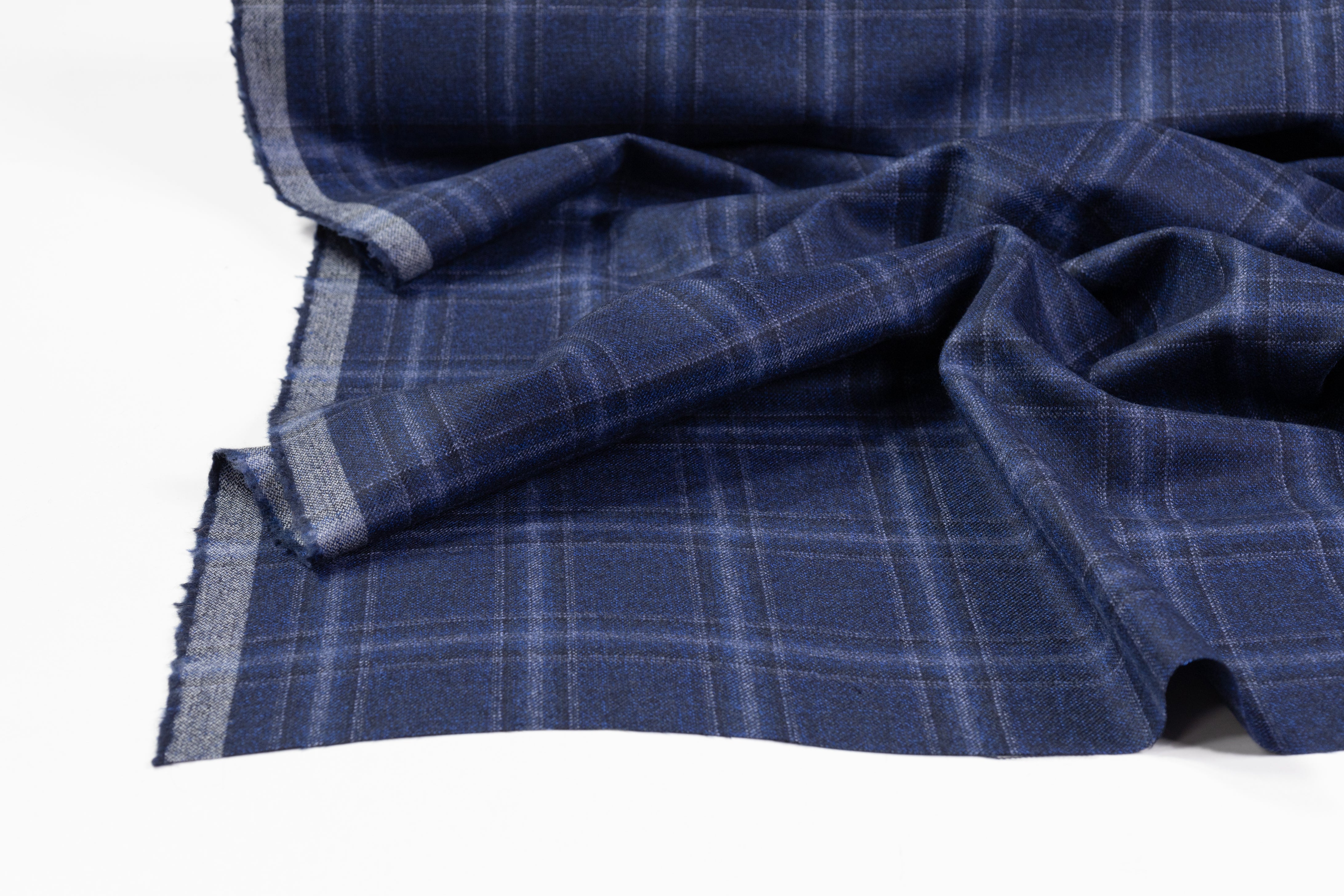 Checked Italian Wool Suiting - Navy Blue