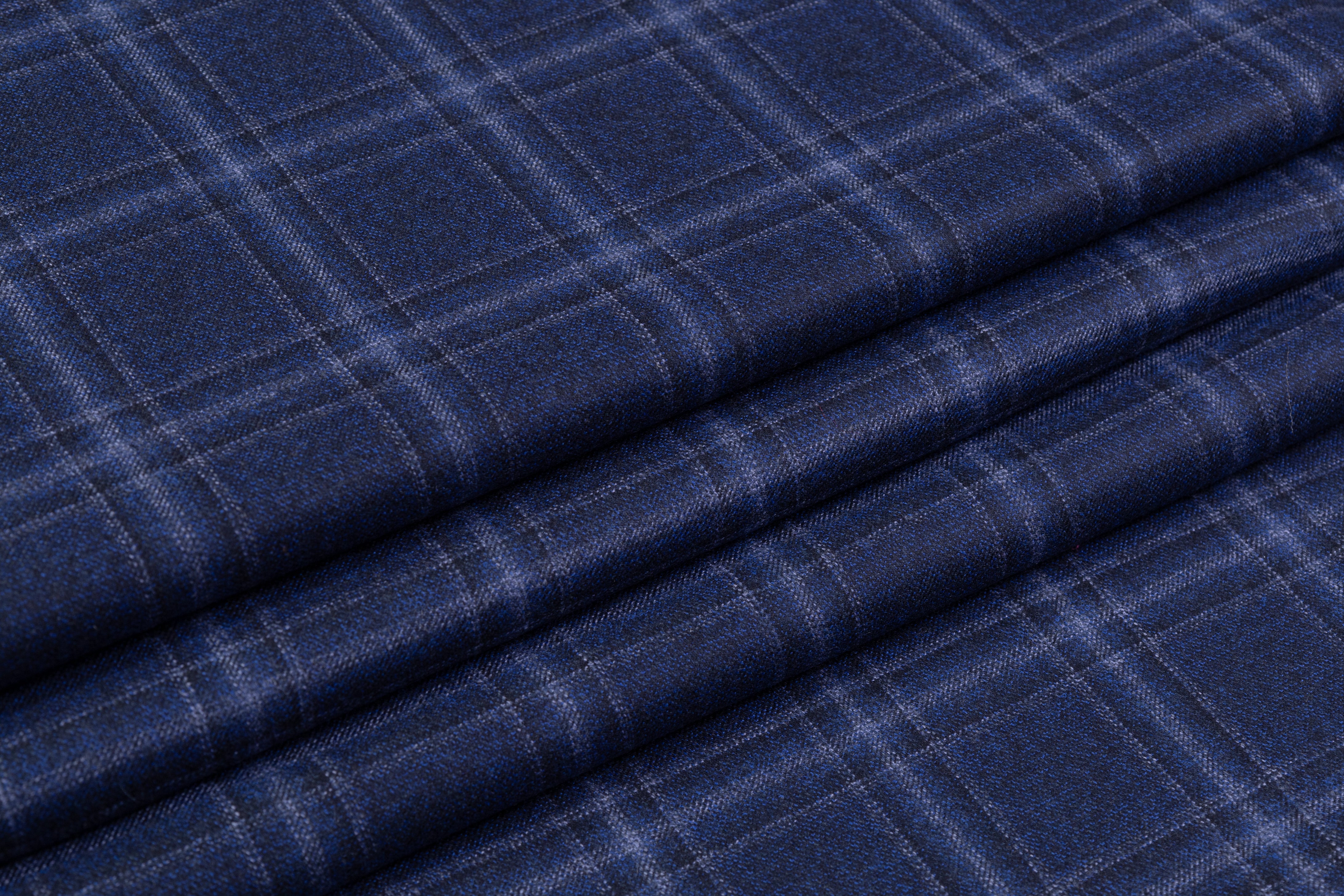 Checked Italian Wool Suiting - Navy Blue