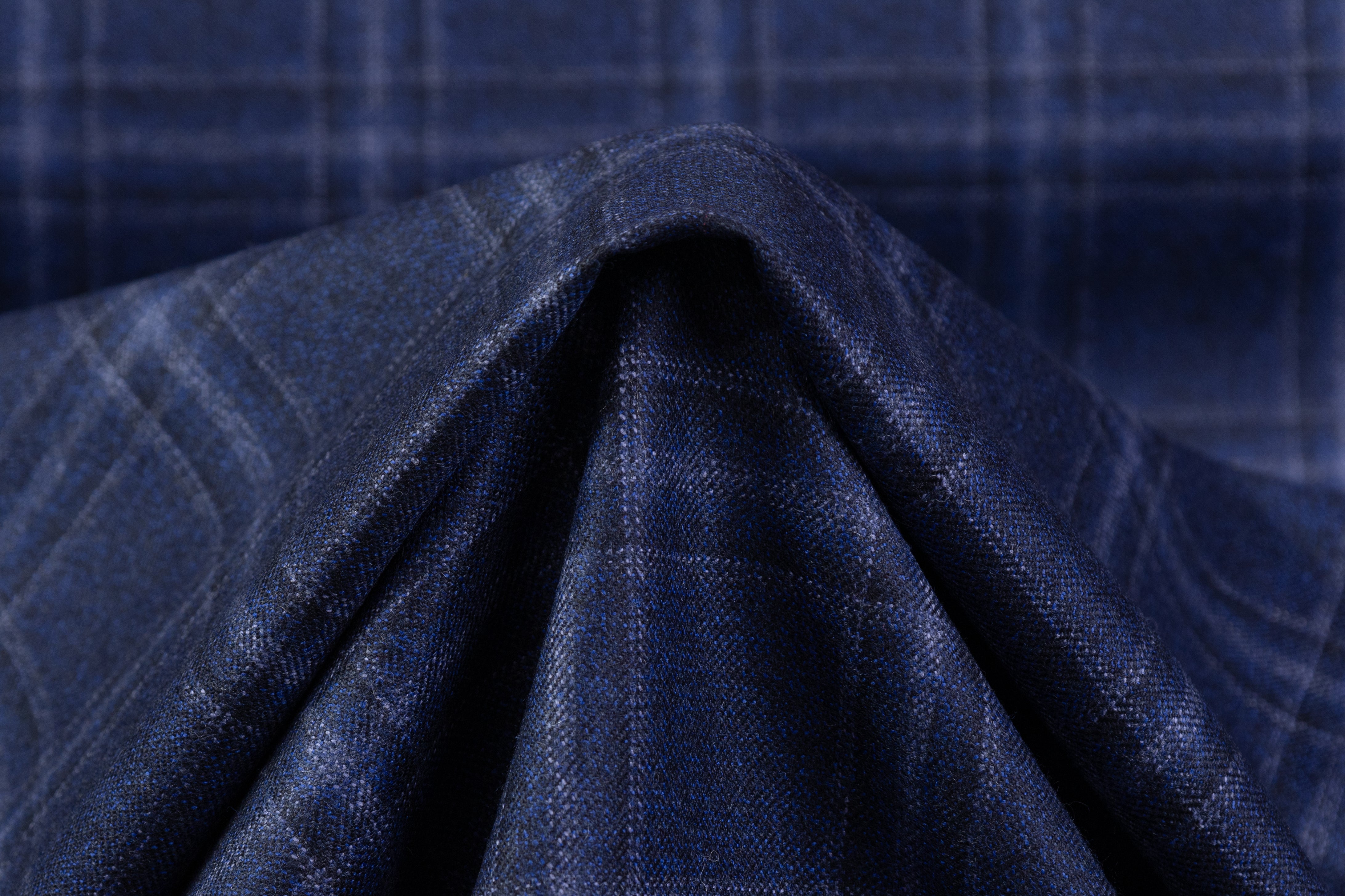 Checked Italian Wool Suiting - Navy Blue
