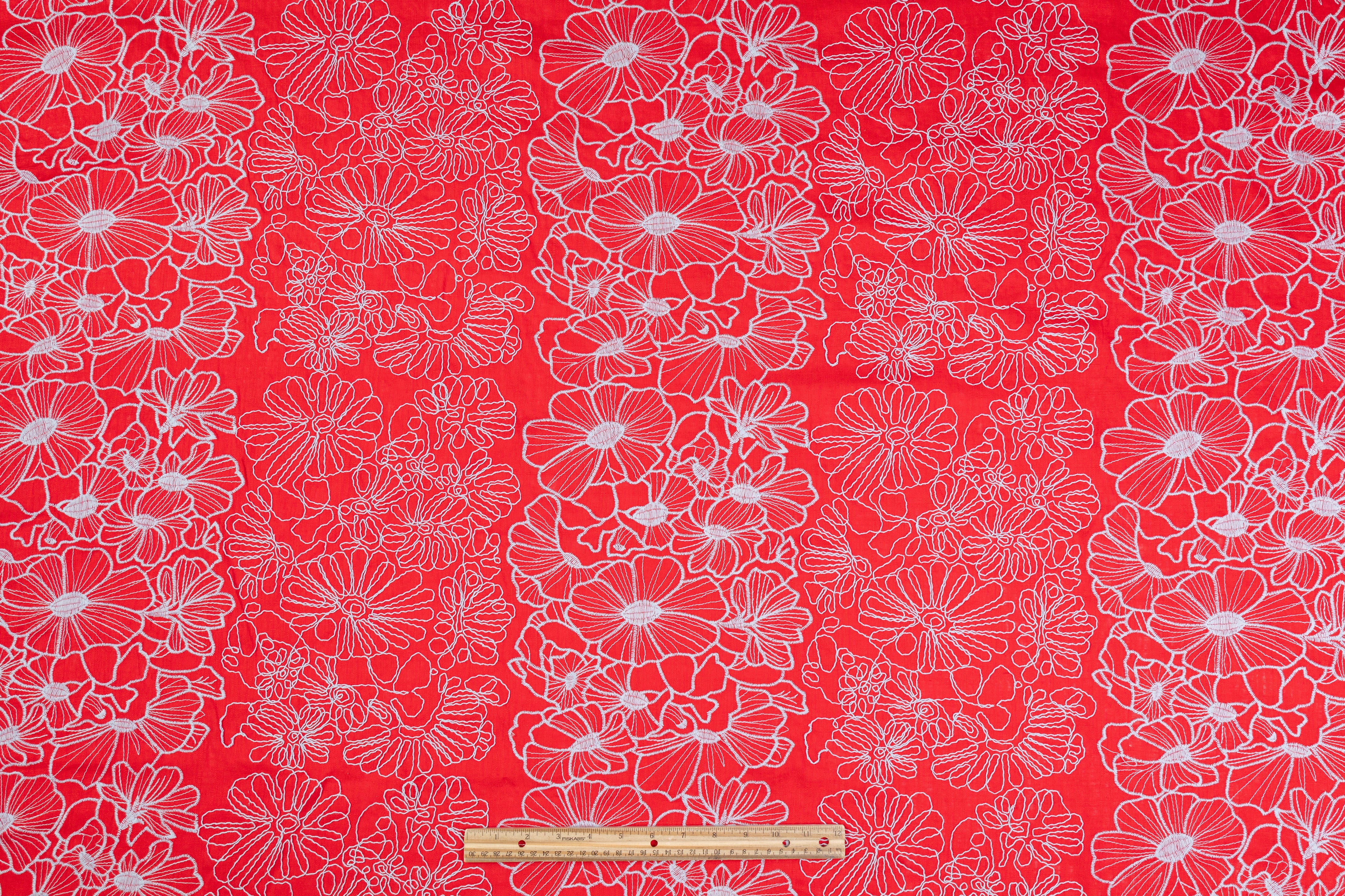 Floral Embroidered Linen - Red / Sky Blue