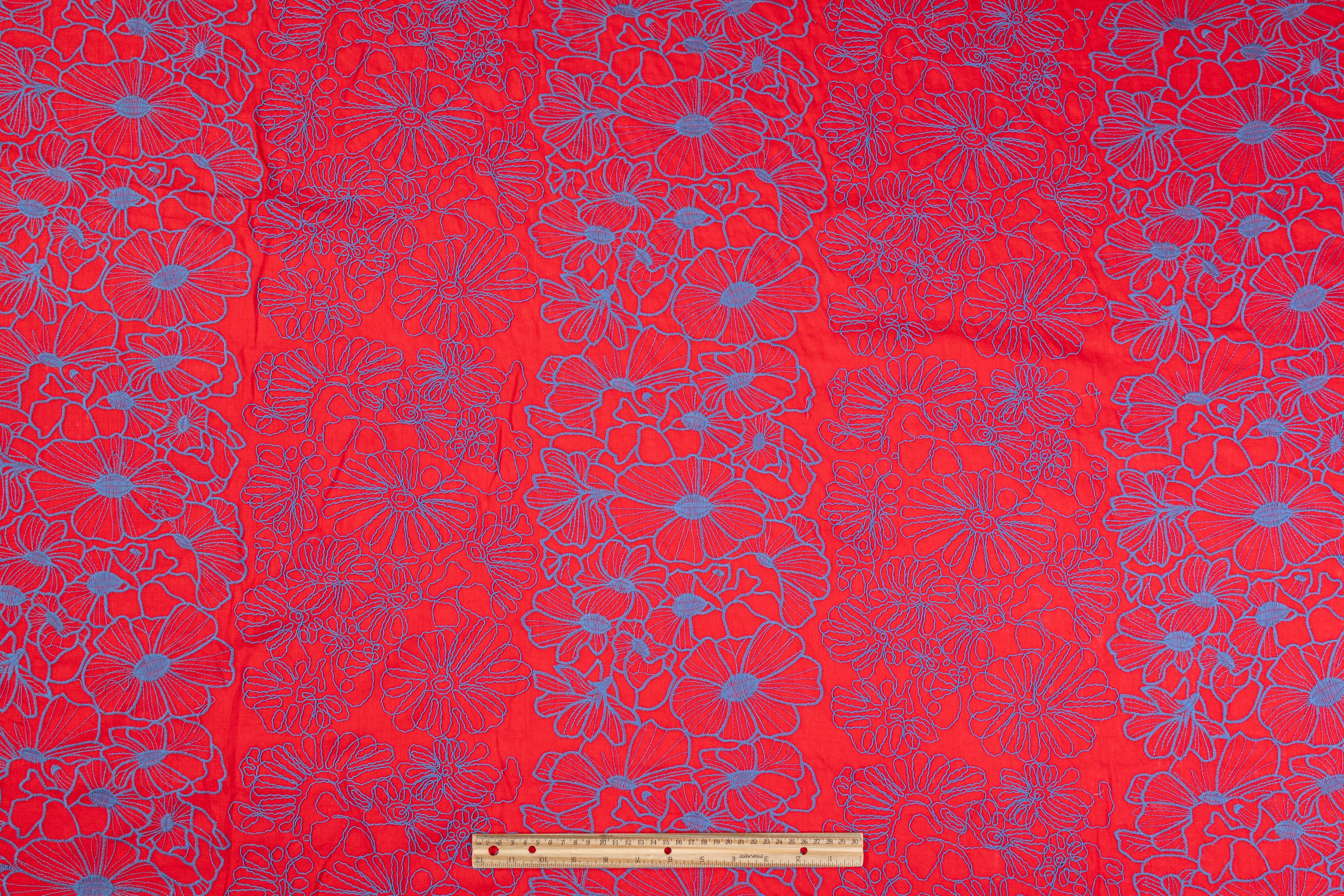 Floral Embroidered Linen - Red / Dark Blue