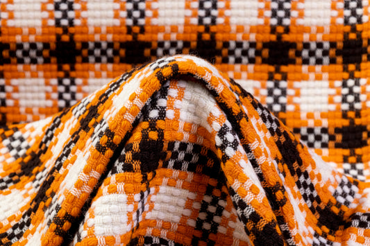 Checked Italian Wool Blend Tweed Coating - Orange / Dark Brown / White