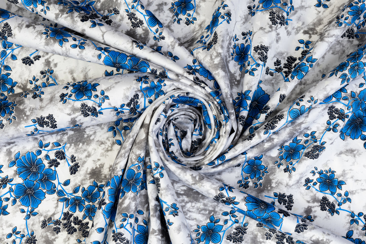 Floral Tie Dye Cotton Print - Blue, White, Gray