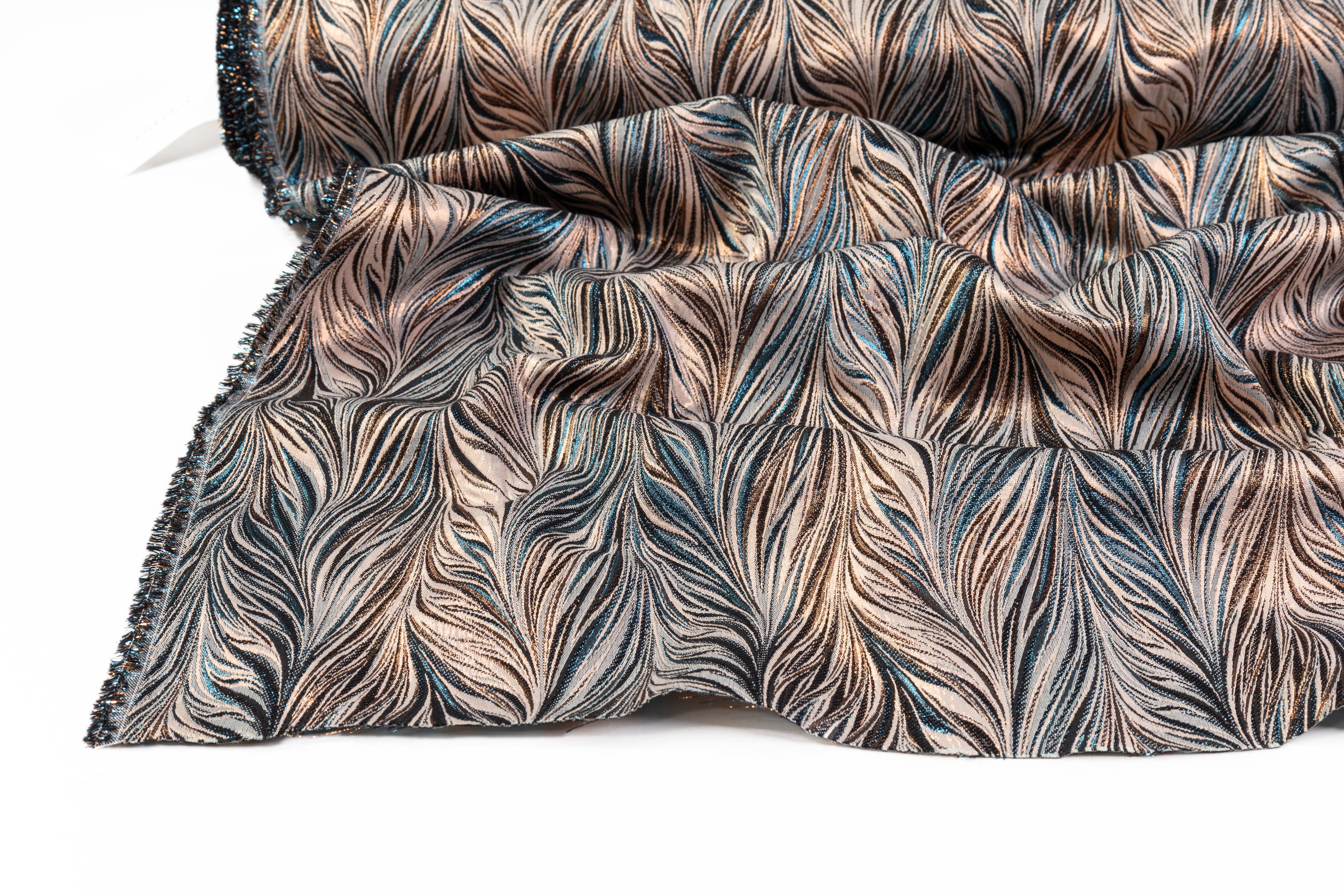 Metallic Italian Feathered Brocade - Blue / Gold / Taupe