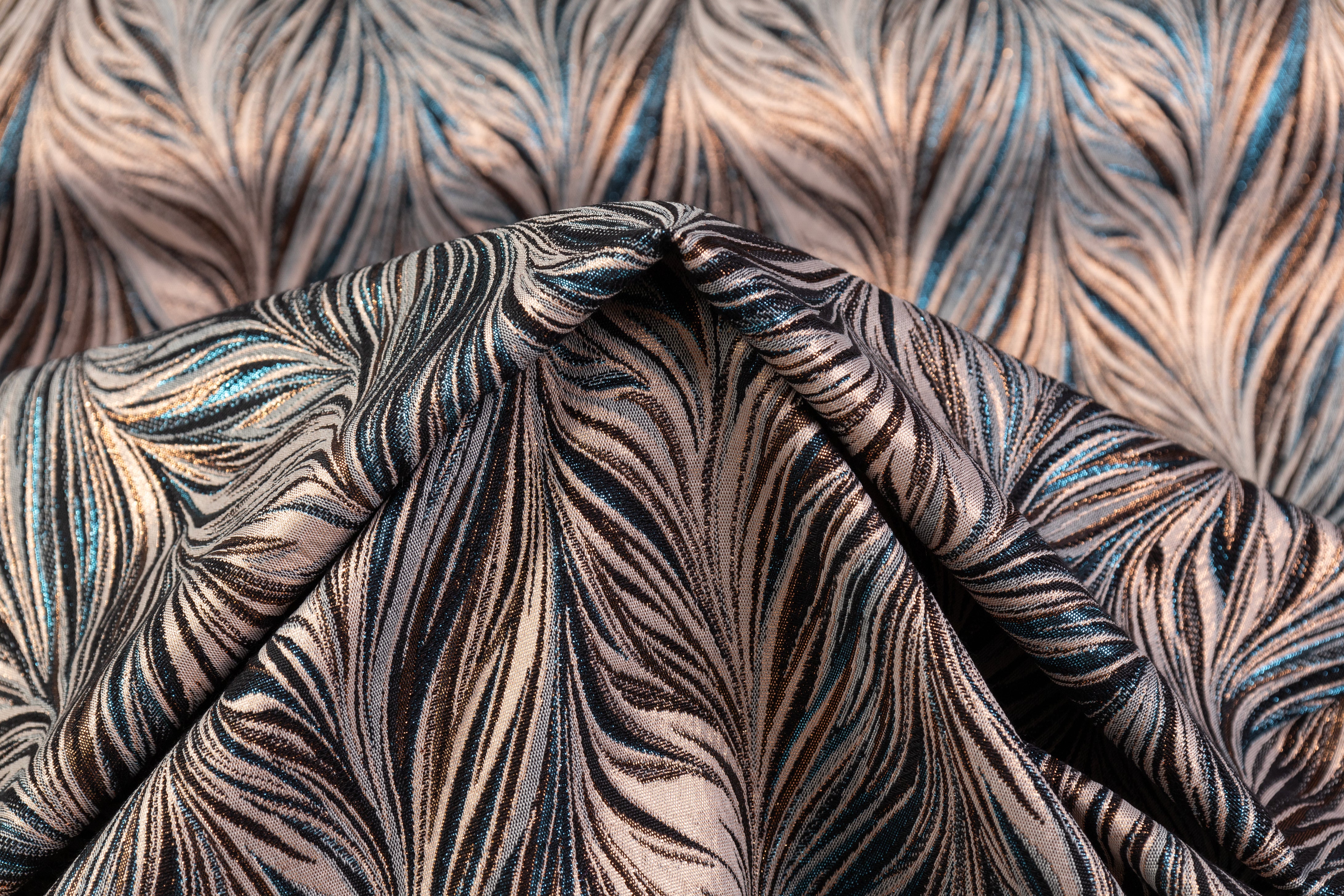 Metallic Italian Feathered Brocade - Blue / Gold / Taupe