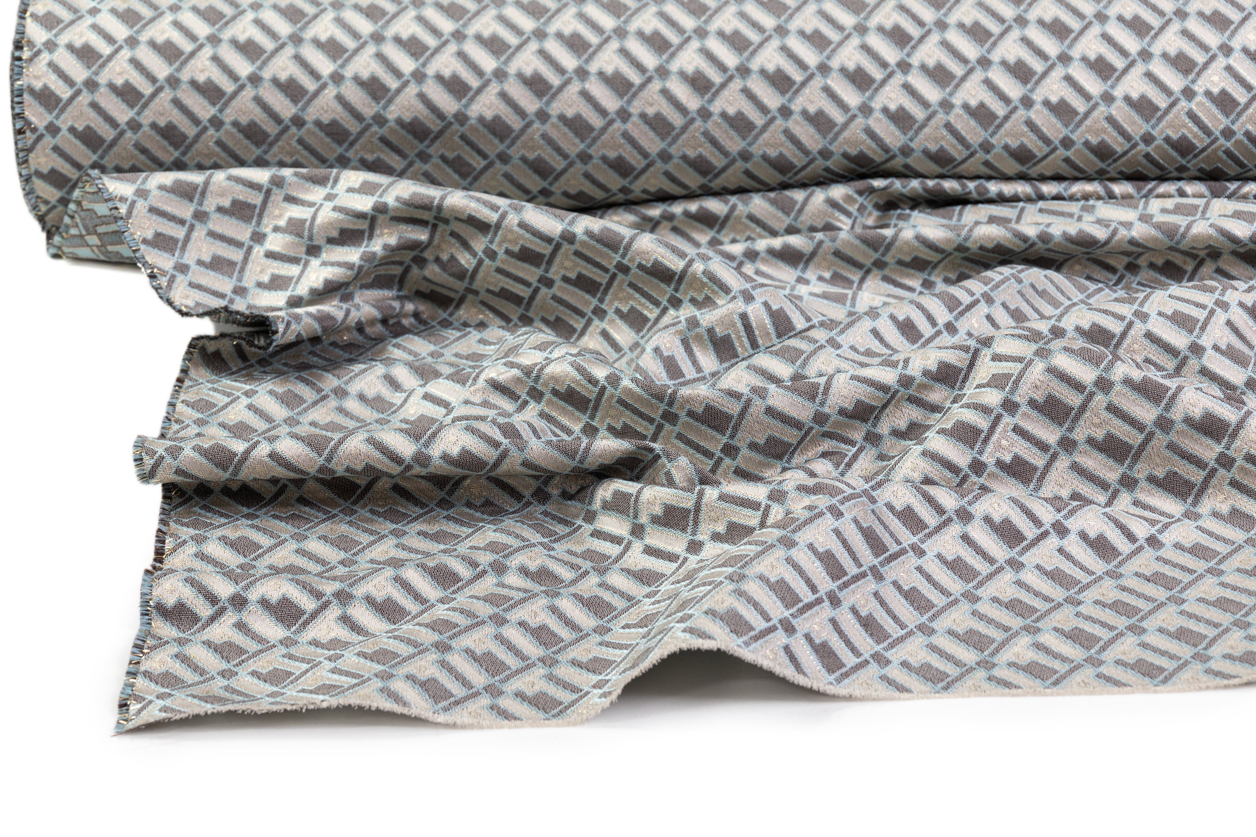 Geometric Metallic Italian Brocade - Blue / Taupe
